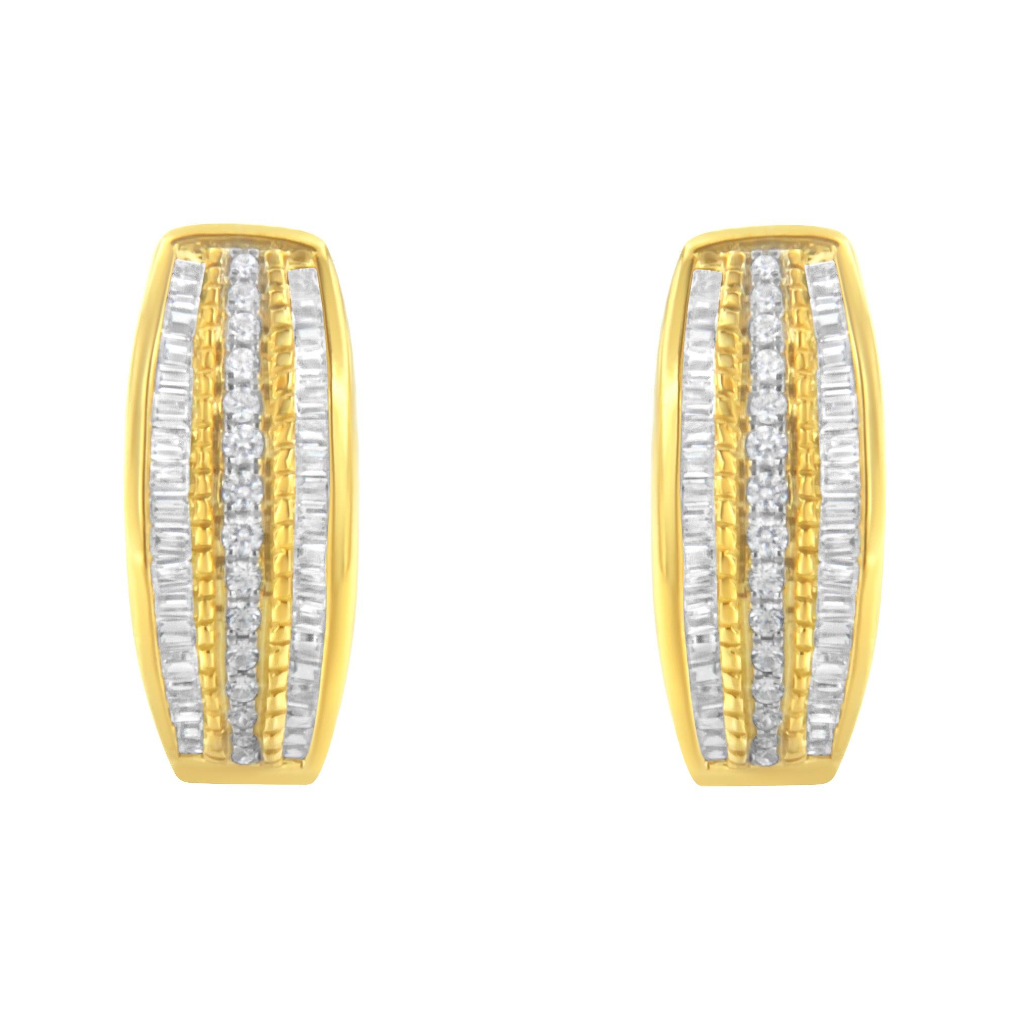 Round Cut 10K Yellow Gold 3/4 Cttw Diamond Triple Row Modern Hoop Earrings For Sale