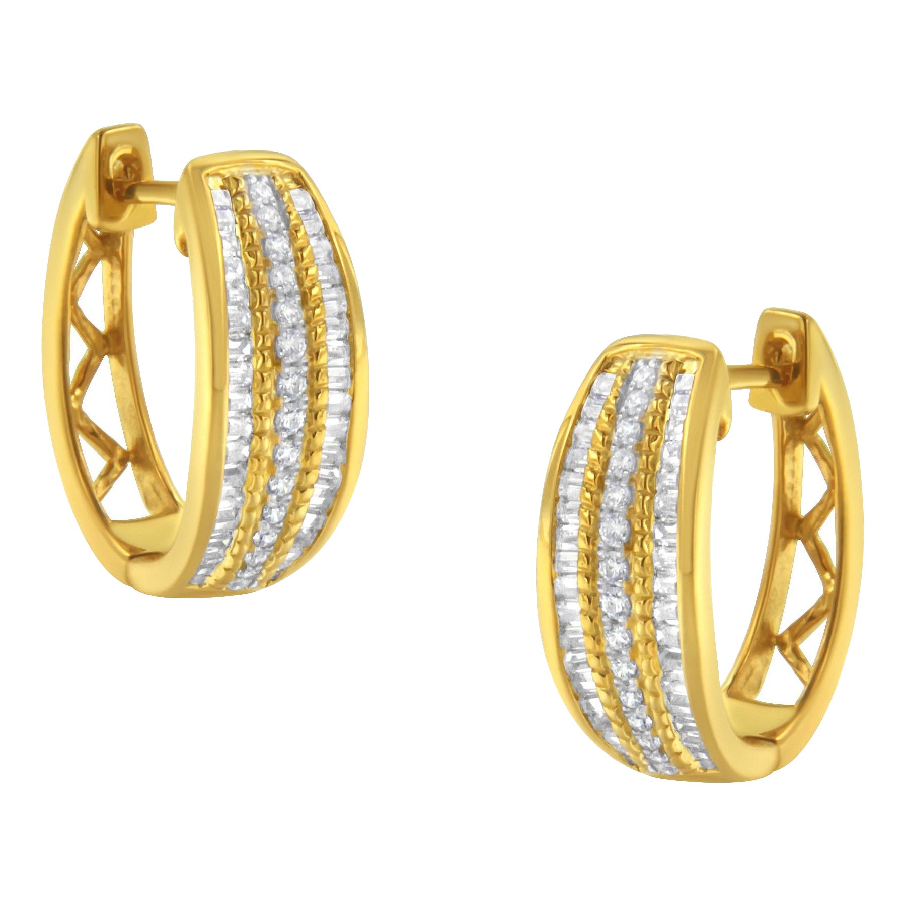 Créoles modernes à trois rangs en or jaune 10 carats avec diamants 3/4 carat