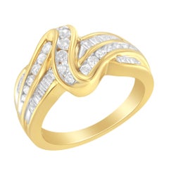 10K Yellow Gold 3/4 Cttw Round and Baguette-cut Diamond Double Shank Bypass Ring