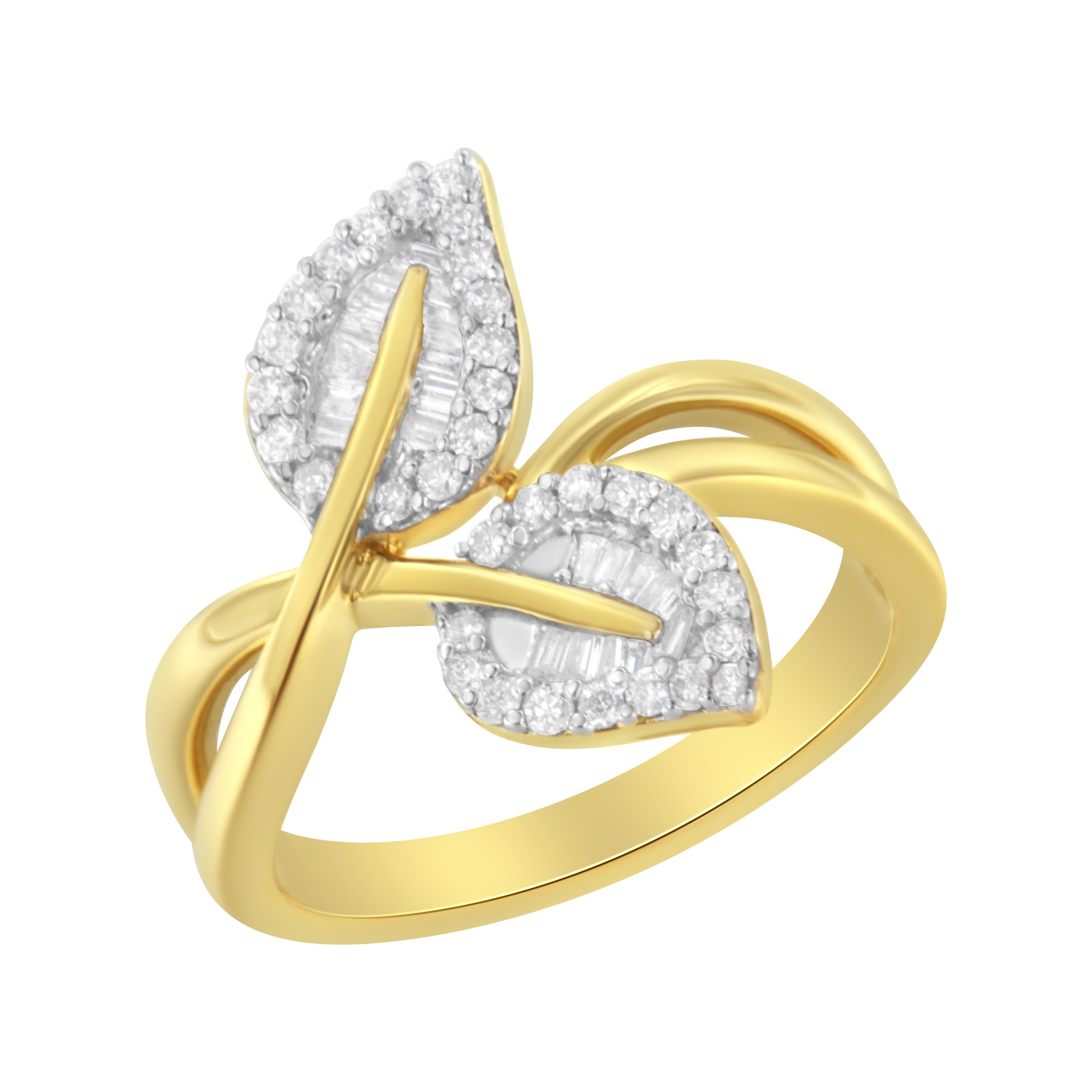 This stunning nature inspired ring design is perfect for everyday wear. Crafted in 10k yellow gold, this design features 3/8ct TDW in diamonds. A warm yellow gold ring band holds as its centerpiece a trio of leaves. Each leaf is studded with