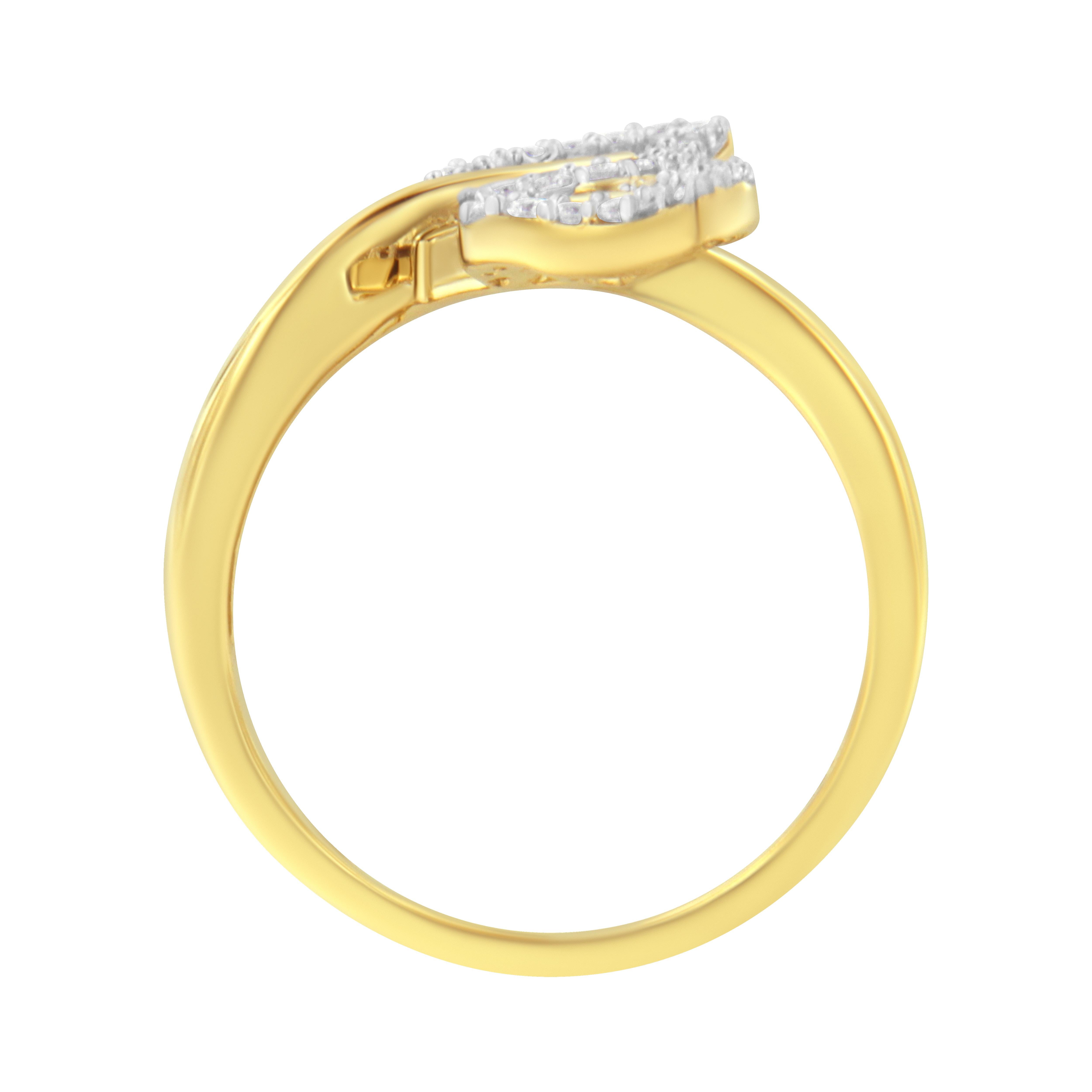 Round Cut 10K Yellow Gold 3/8 Carat Round and Baguette-Cut Diamond Leaf Cocktail Ring For Sale