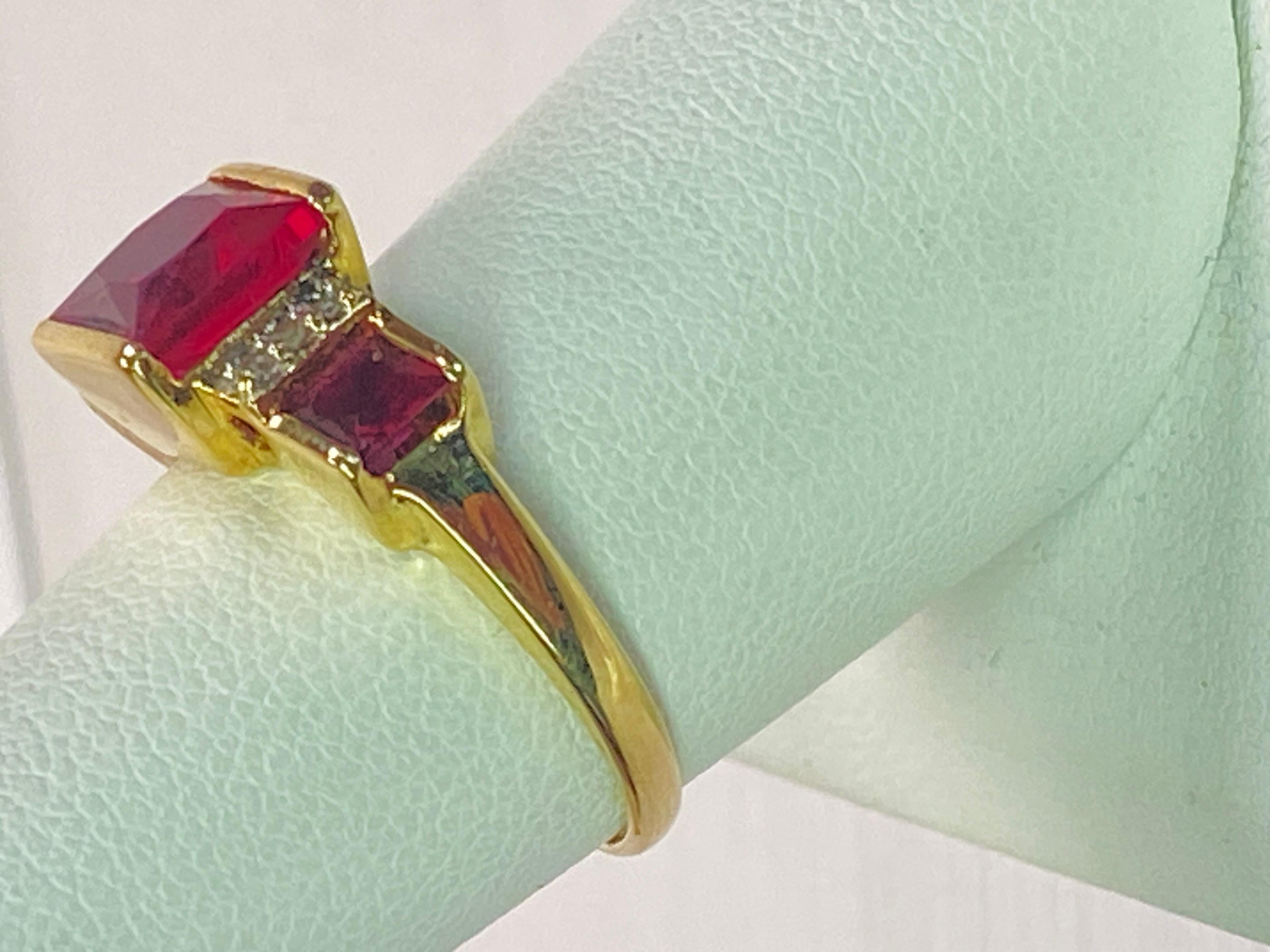 10K Yellow Gold 3 Carat Lab Princess Cut Ruby & Diamond 3 Stone Square Ring For Sale 6