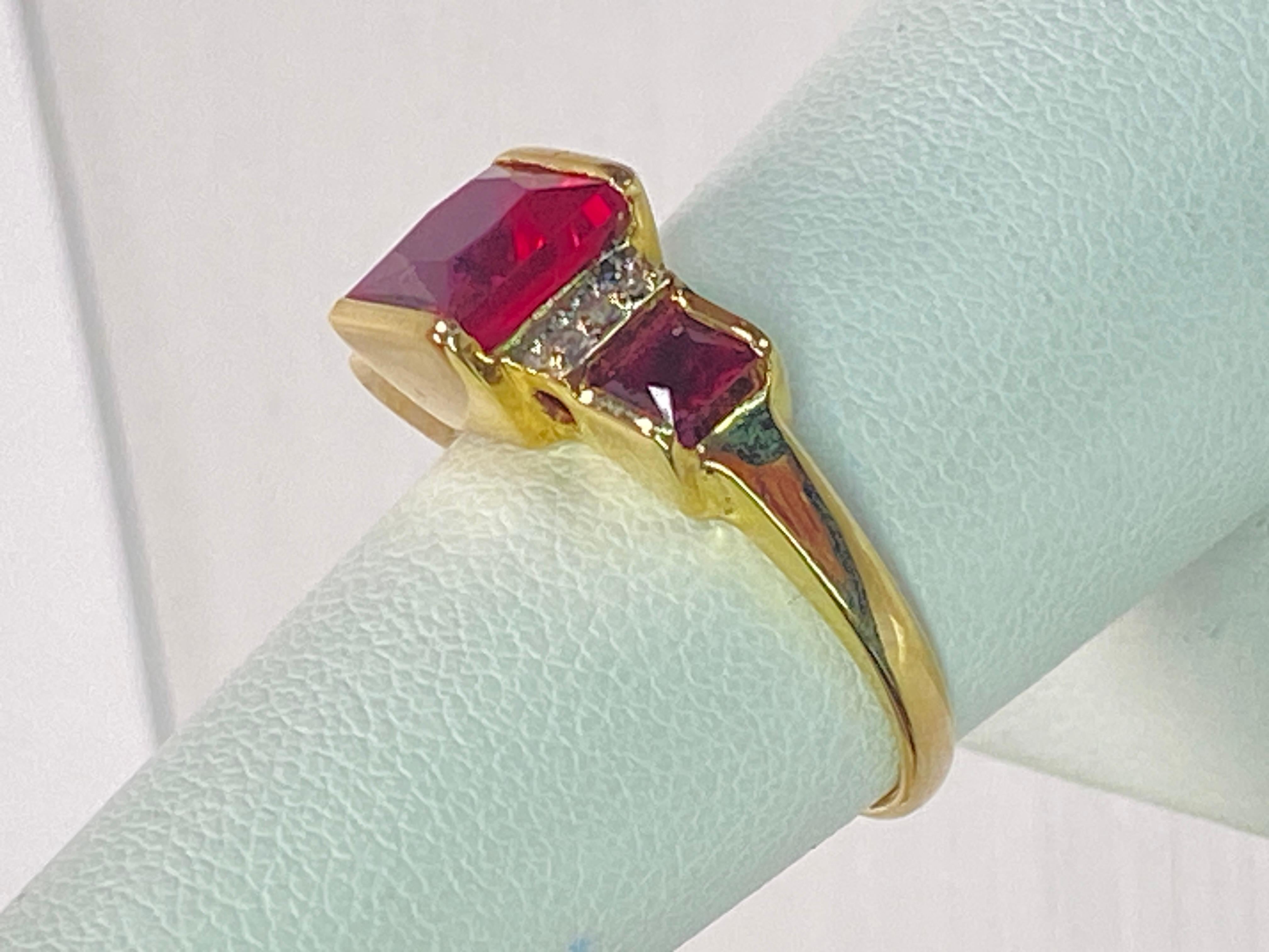 10K Yellow Gold 3 Carat Lab Princess Cut Ruby & Diamond 3 Stone Square Ring For Sale 7