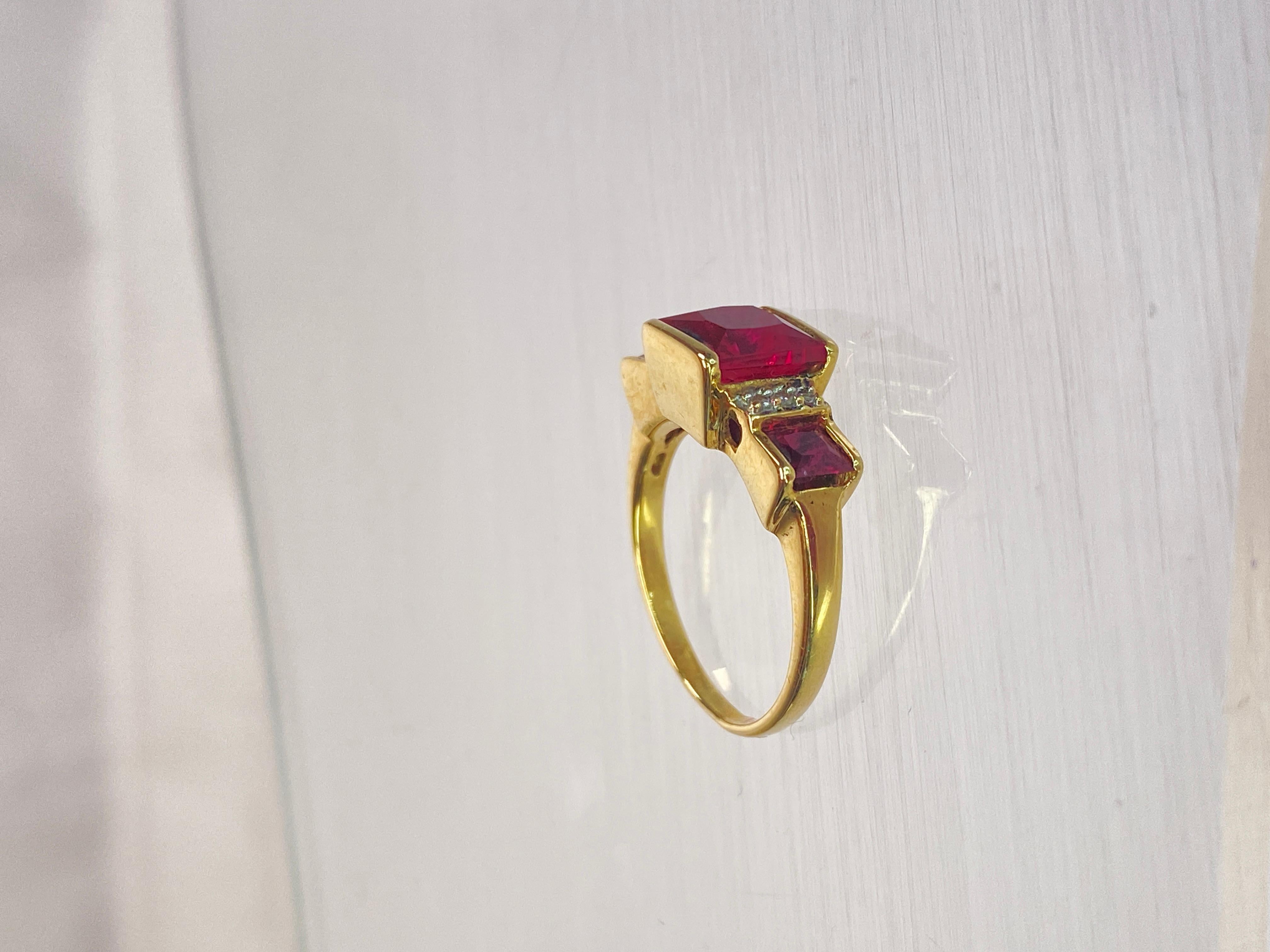 10K Yellow Gold 3 Carat Lab Princess Cut Ruby & Diamond 3 Stone Square Ring For Sale 3