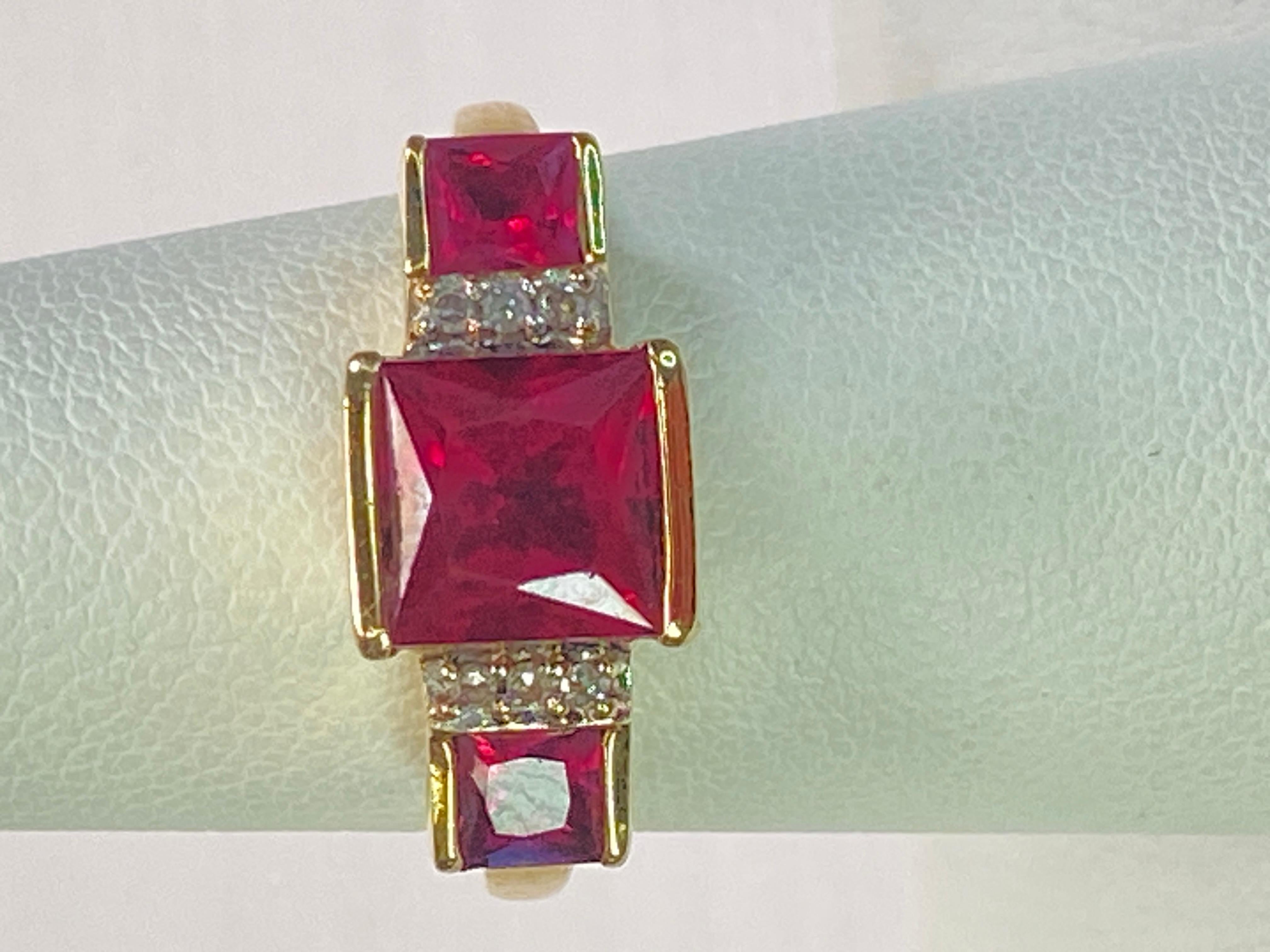 10K Yellow Gold 3 Carat Lab Princess Cut Ruby & Diamond 3 Stone Square Ring For Sale 5