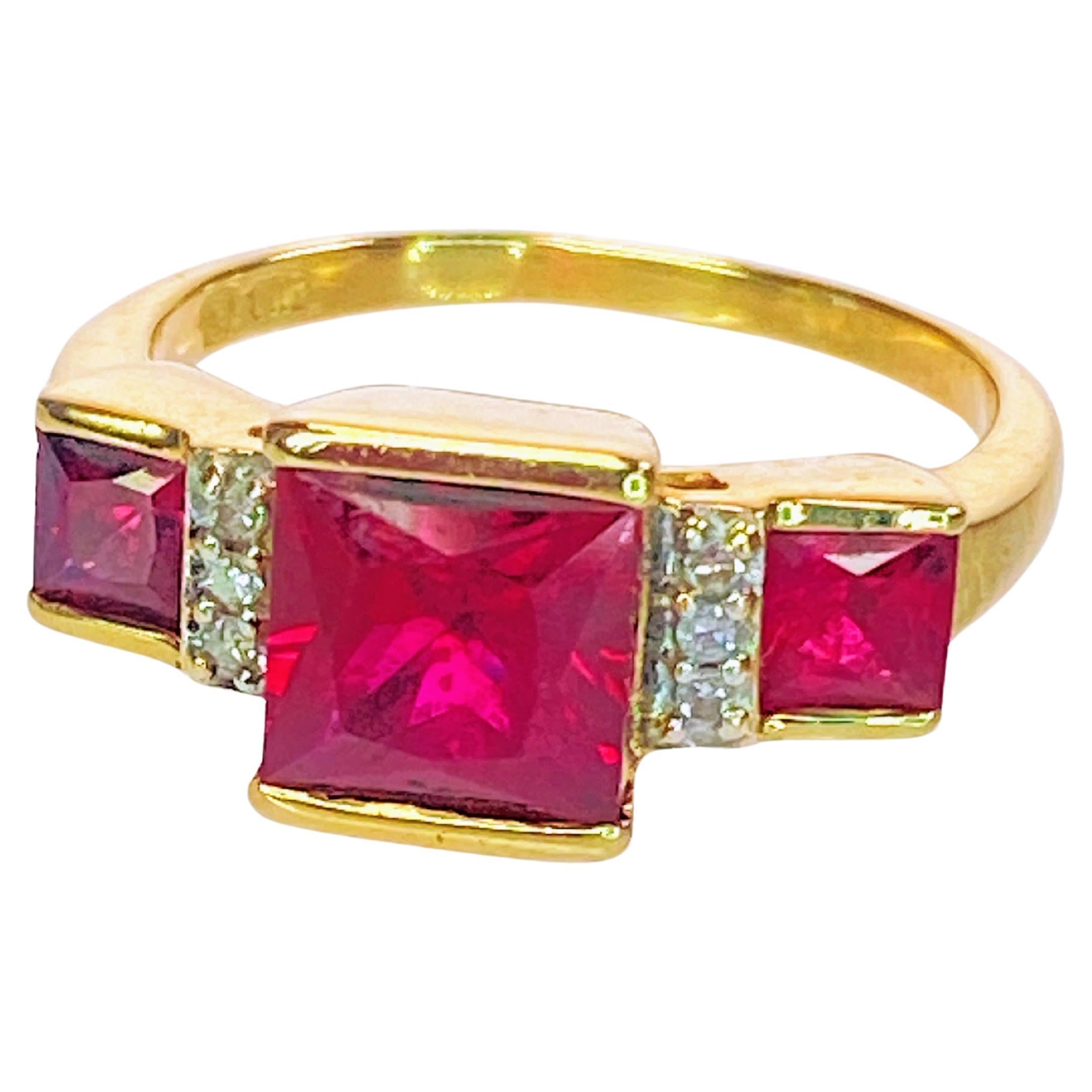 10K Yellow Gold 3 Carat Lab Princess Cut Ruby & Diamond 3 Stone Square Ring For Sale