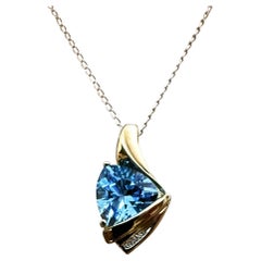 10k Yellow Gold 3 Carat Trillion Cut Blue Topaz & Diamond Pendant Necklace