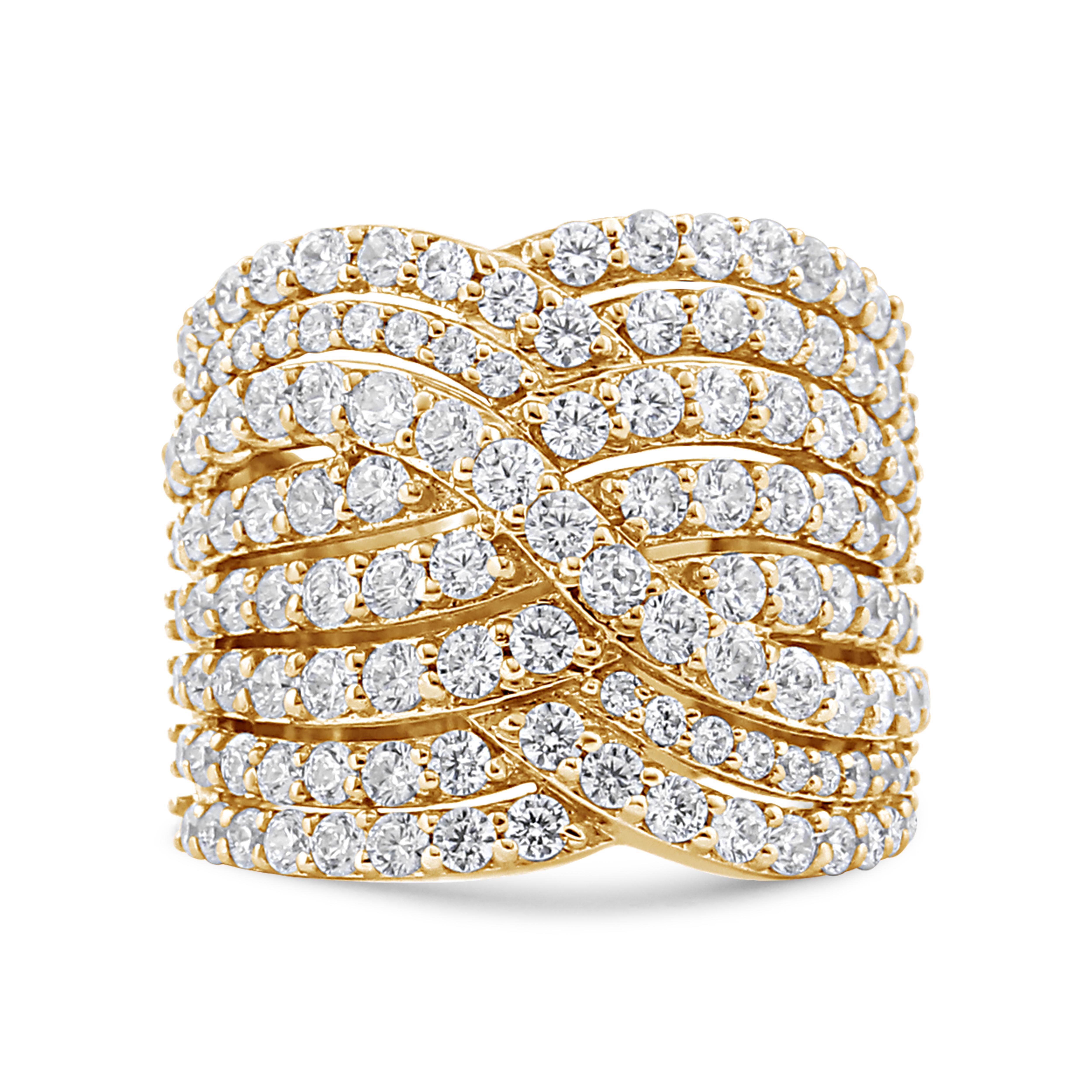 Multi rows of round, prong-set diamonds in a bypass motif create this exquisitely designed ring of gleaming 10k yellow gold that makes this piece a wardrobe staple for years to come. Go for the wow-factor with this dazzling multi-row ring