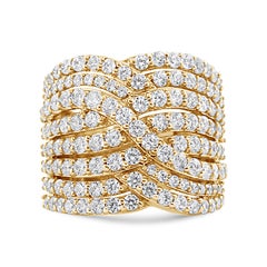10K Yellow Gold 3.0 Carat Diamond Eight-Row Bypass Crossover Statement Band Ring