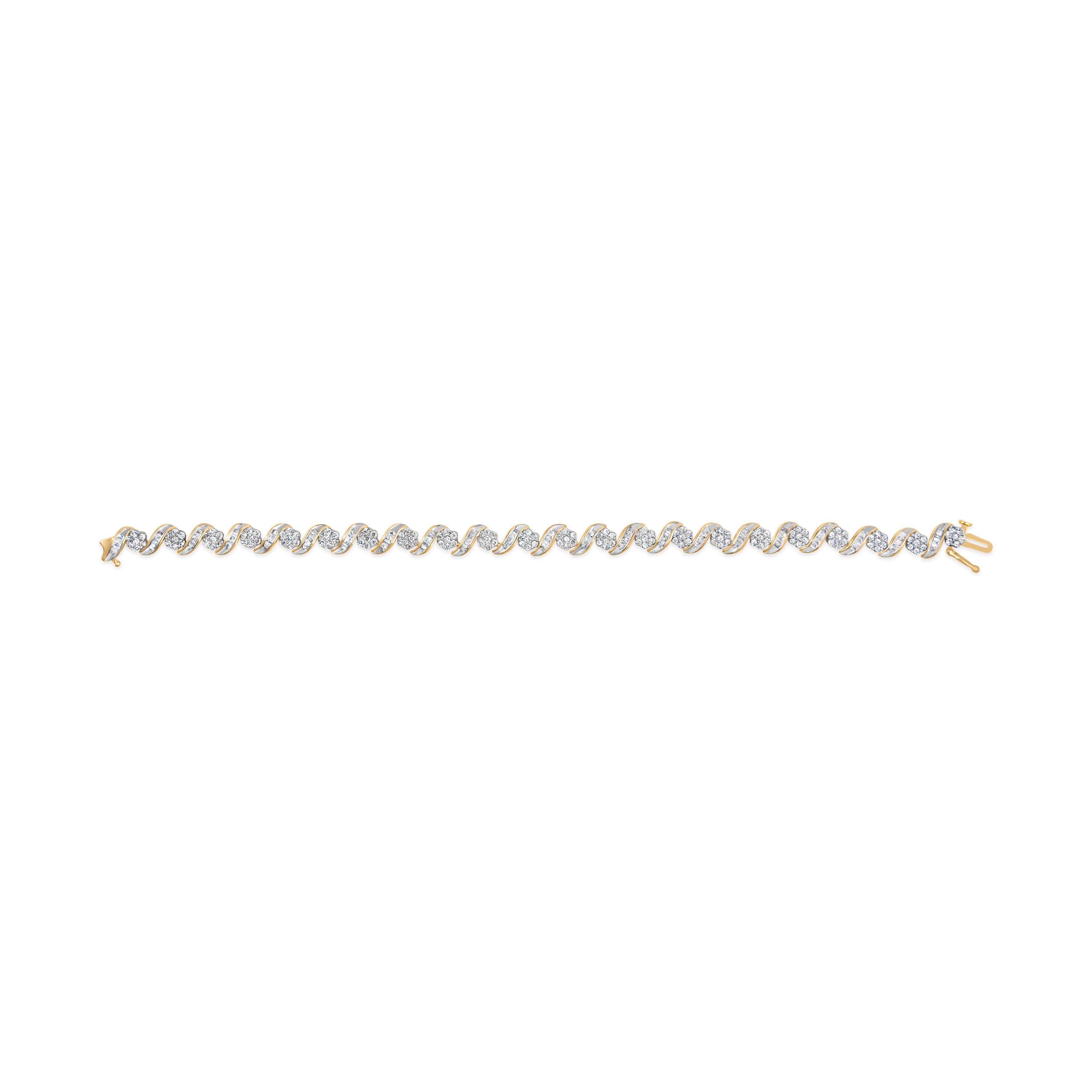 10k Gelbgold 3.0 Karat Rundschliff & Baguetteschliff Diamant Floral Link Armband im Zustand „Neu“ im Angebot in New York, NY