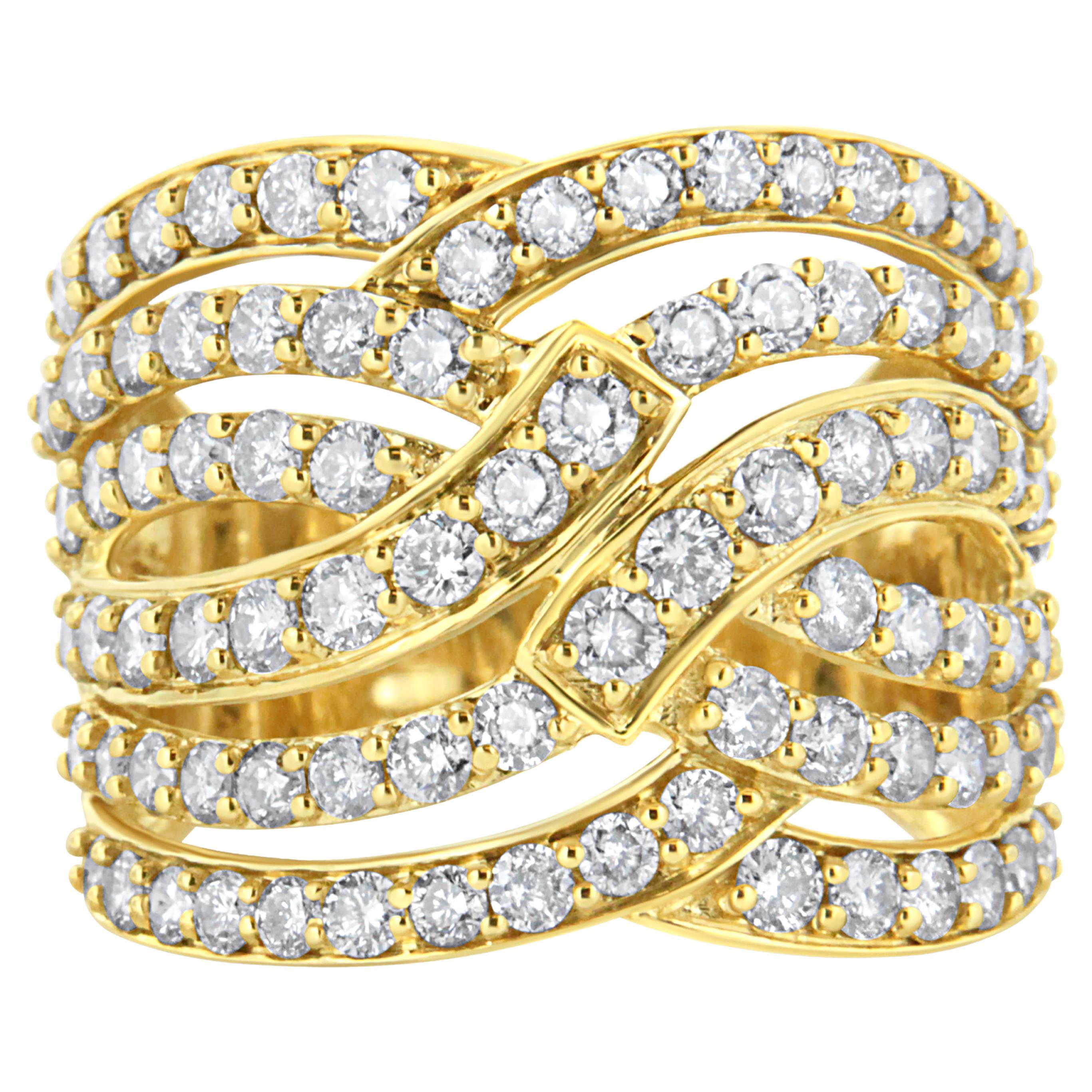 10K Yellow Gold 3.00 Carat Diamond Multi Row Bypass Wave Cocktail Band Ring For Sale