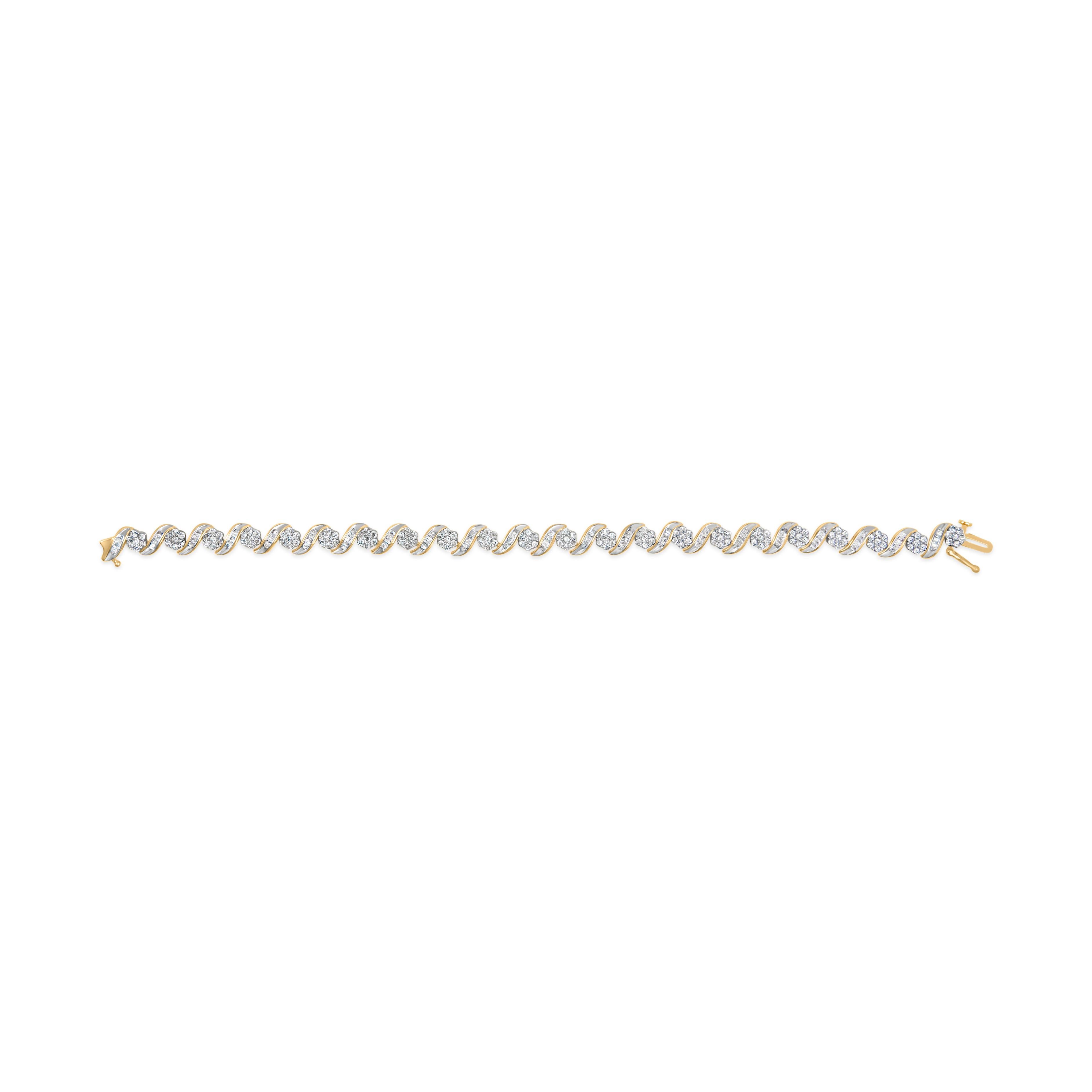 Round Cut 10k Yellow Gold 3.00 Cttw Baguette Cut Diamond Floral Link 7.50