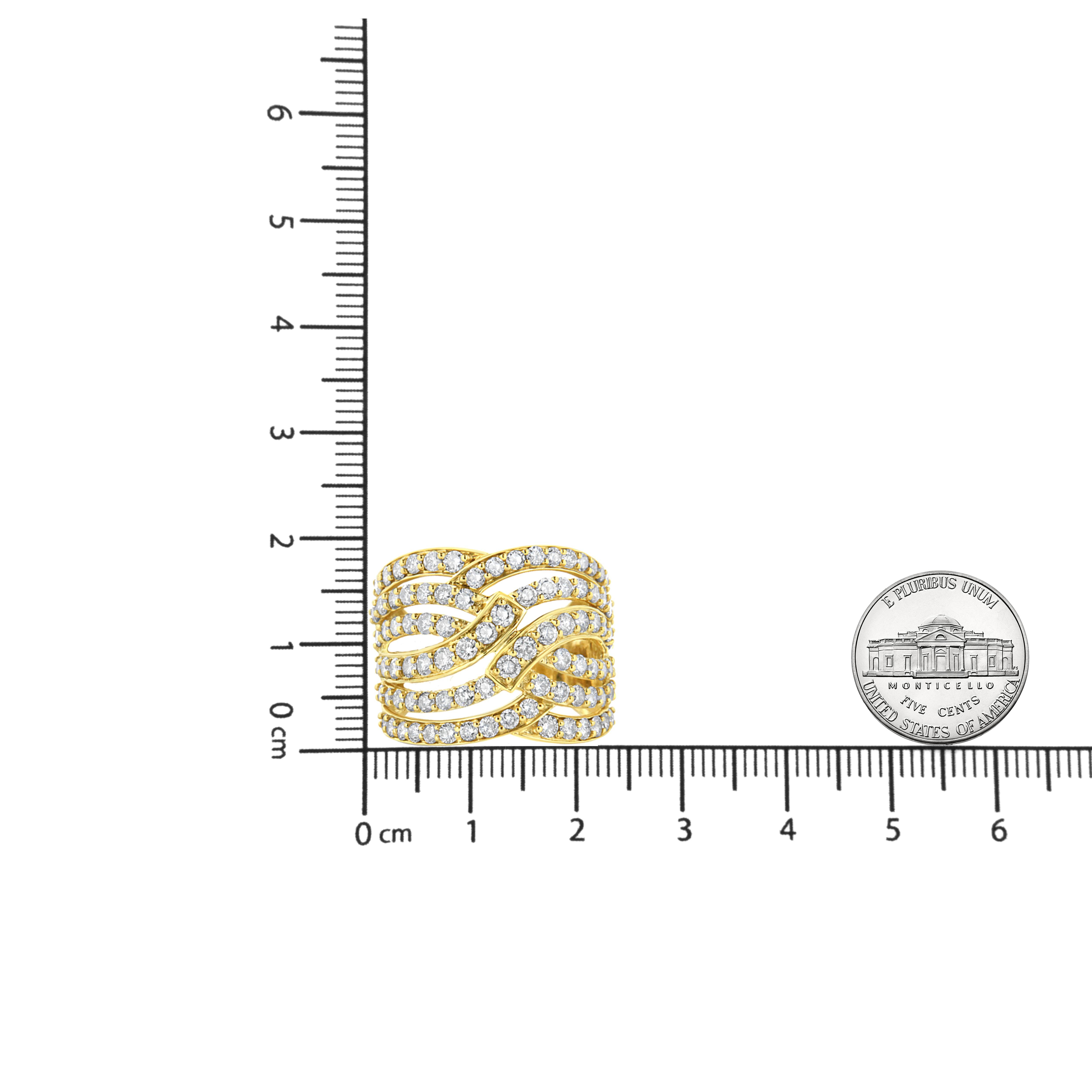 Modern 10K Yellow Gold 3.00 Cttw Diamond Multi Row Bypass Wave Cocktail Band Ring For Sale