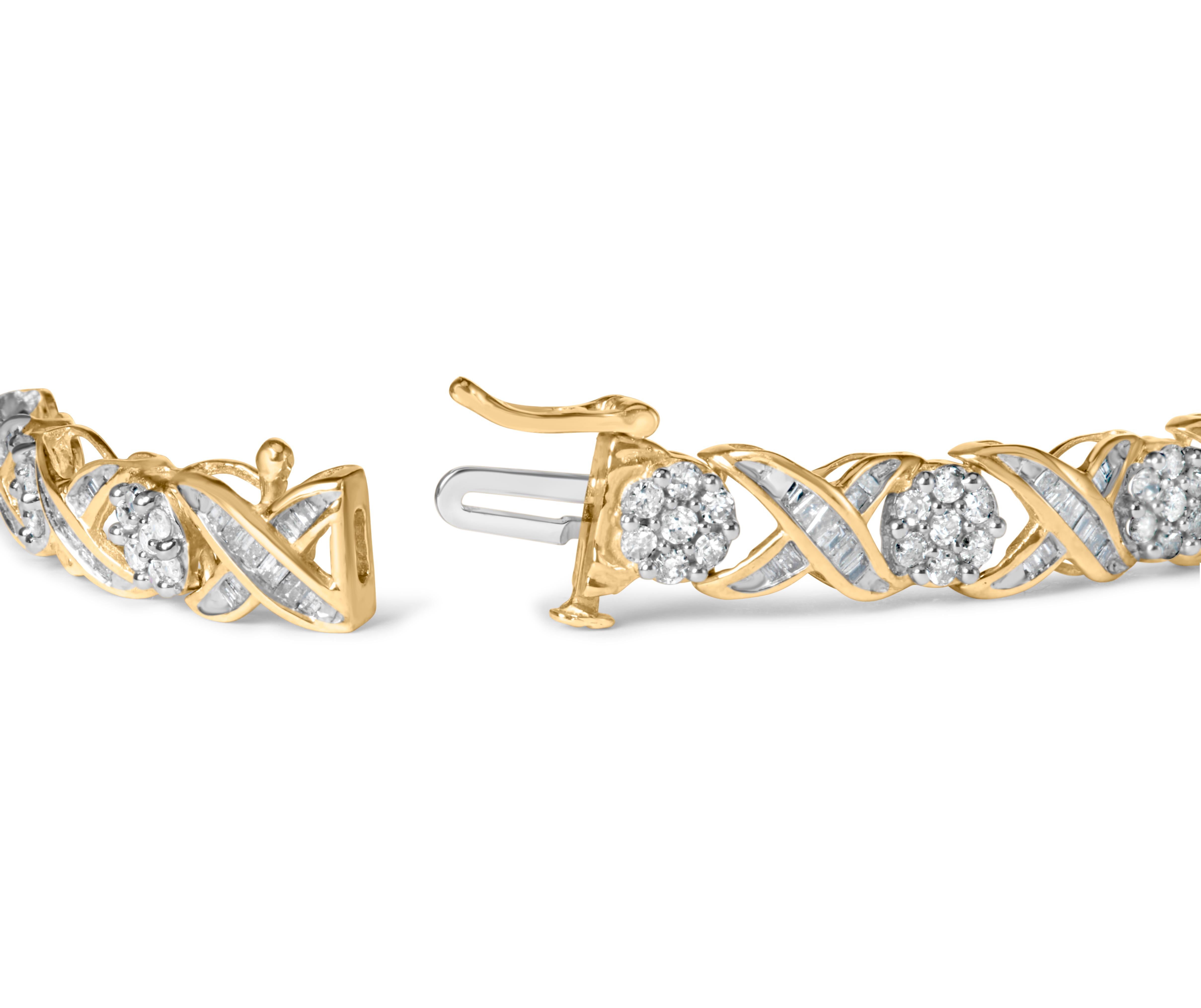 Introducing a breathtaking masterpiece that will leave you spellbound - a 10K Yellow Gold Bracelet adorned with a mesmerizing 3.00 Cttw of Round-Cut and Baguette-Cut Diamonds. This exquisite 'XOXO' Floral Design Bracelet is a true testament to