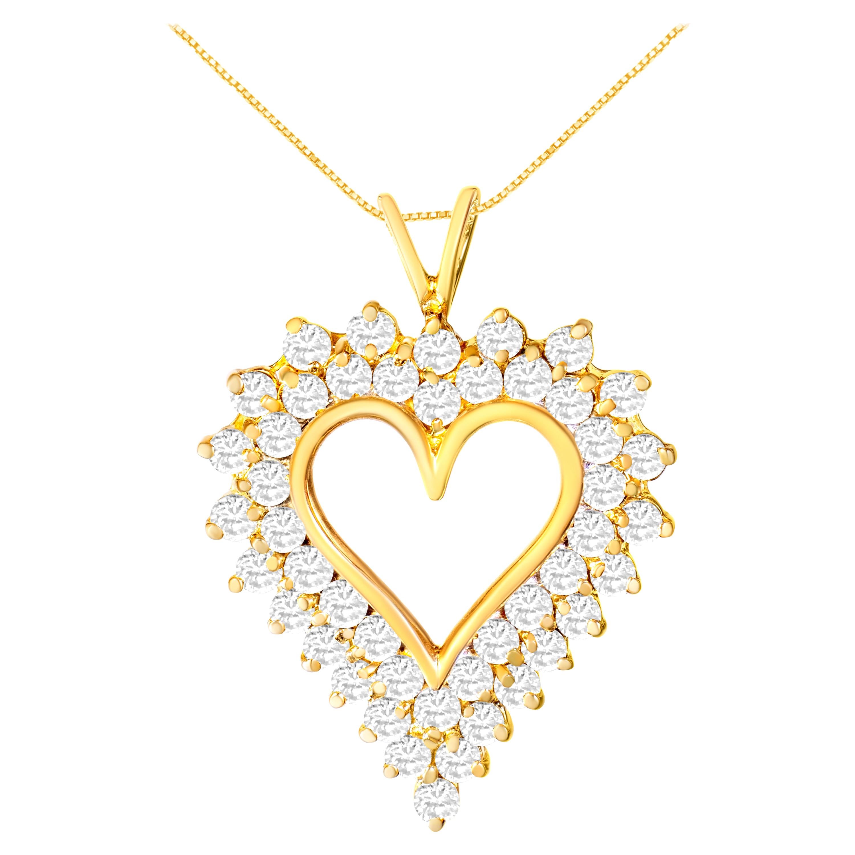 10K Yellow Gold Diamond Open Heart Pendant Necklace For Sale