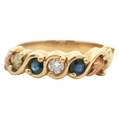 Anello a fascia vintage in oro giallo 10k con zaffiro blu e diamante da 3 g, misura 6