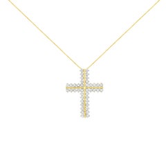 10K Yellow Gold 4 Carat Diamond Two Row Cross Pendant Necklace