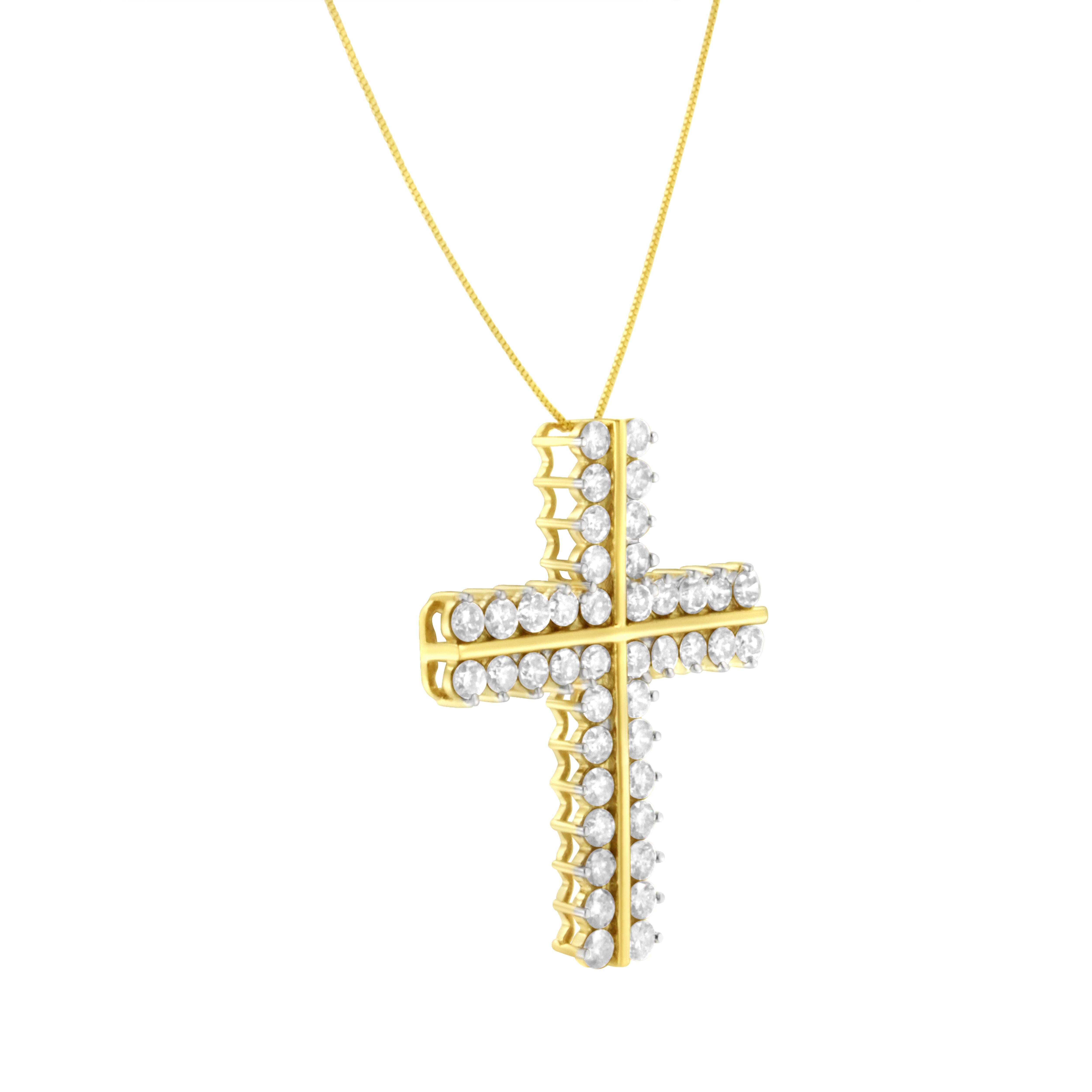 Contemporary 10K Yellow Gold 4 Carat Diamond Two Row Cross Pendant Necklace For Sale