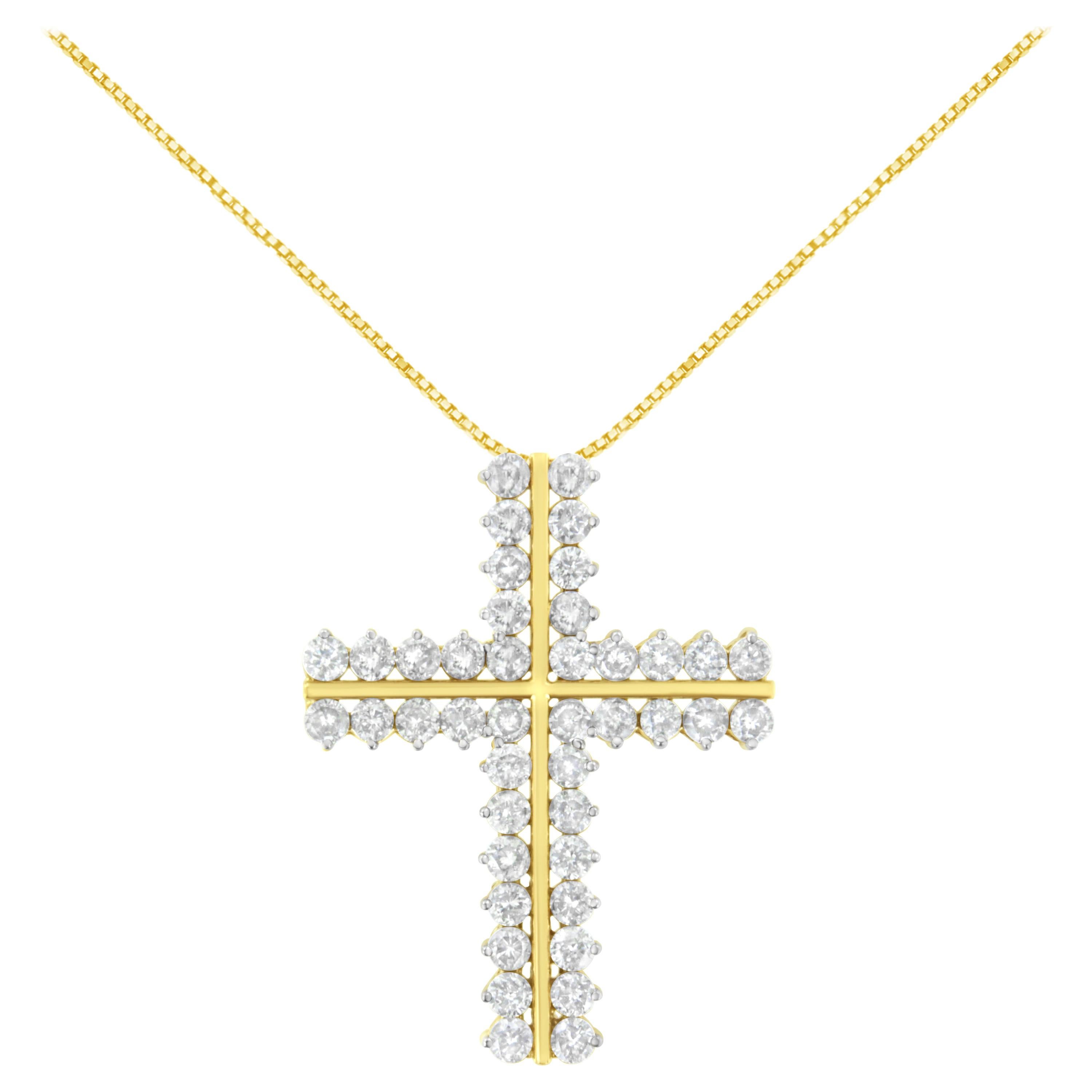 10K Yellow Gold 4 Carat Diamond Two Row Cross Pendant Necklace For Sale