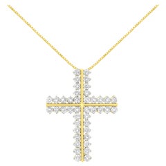 10K Yellow Gold 4 Carat Diamond Two Row Cross Pendant Necklace