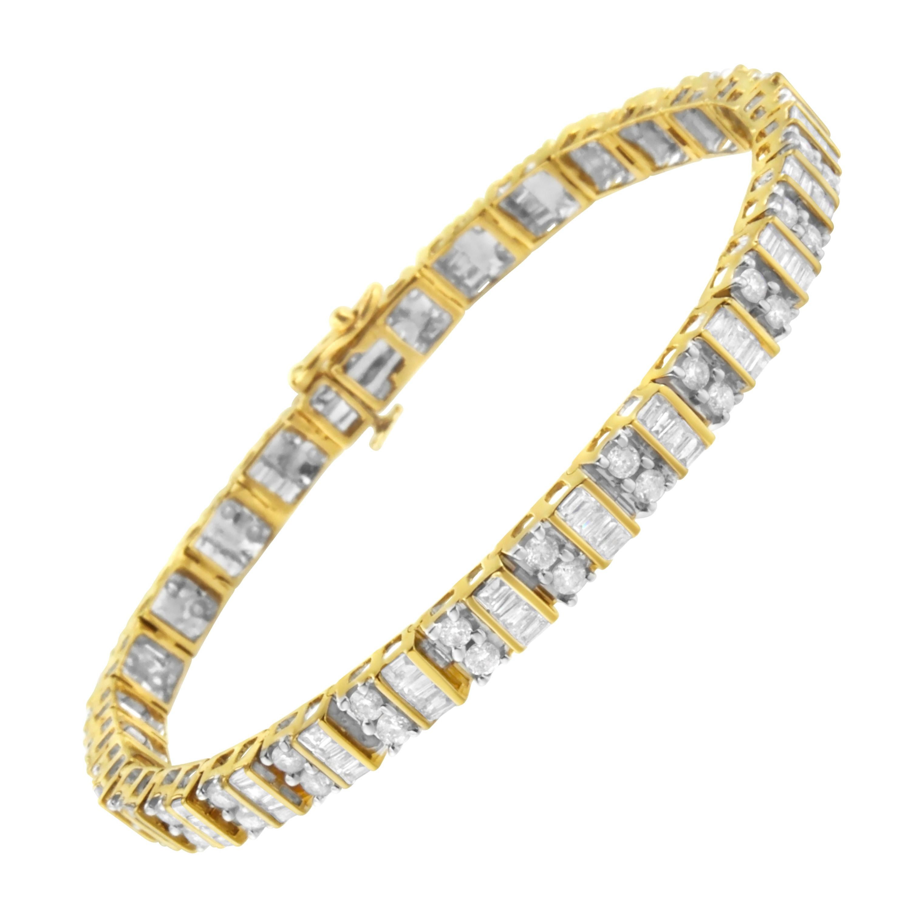 Bracelet tennis en or jaune 10 carats avec diamants taille baguette et ronde de 4,0 carats au total
