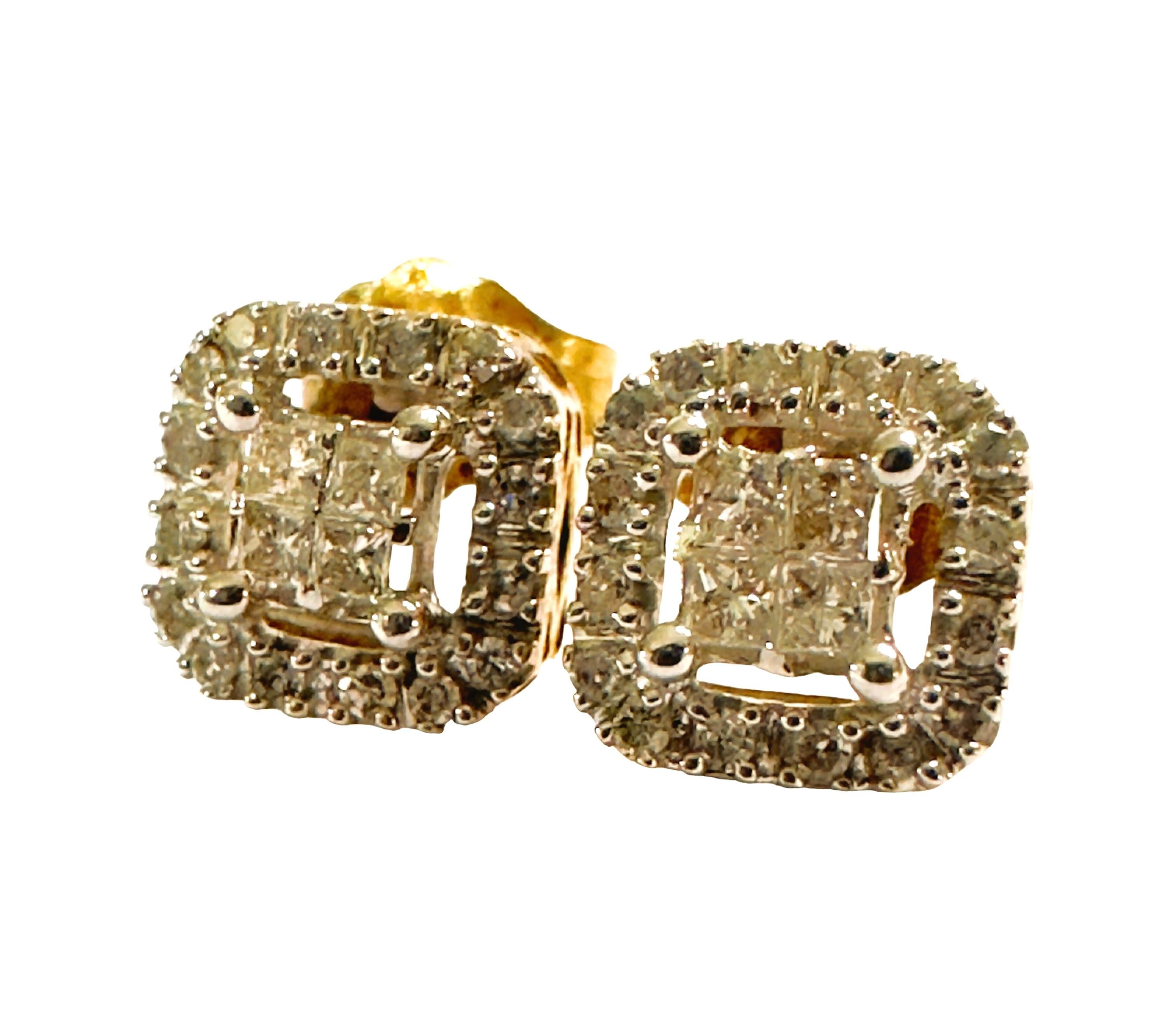 Round Cut 10k Yellow Gold 40 Diamond Squared Halo Errings with Appraisal