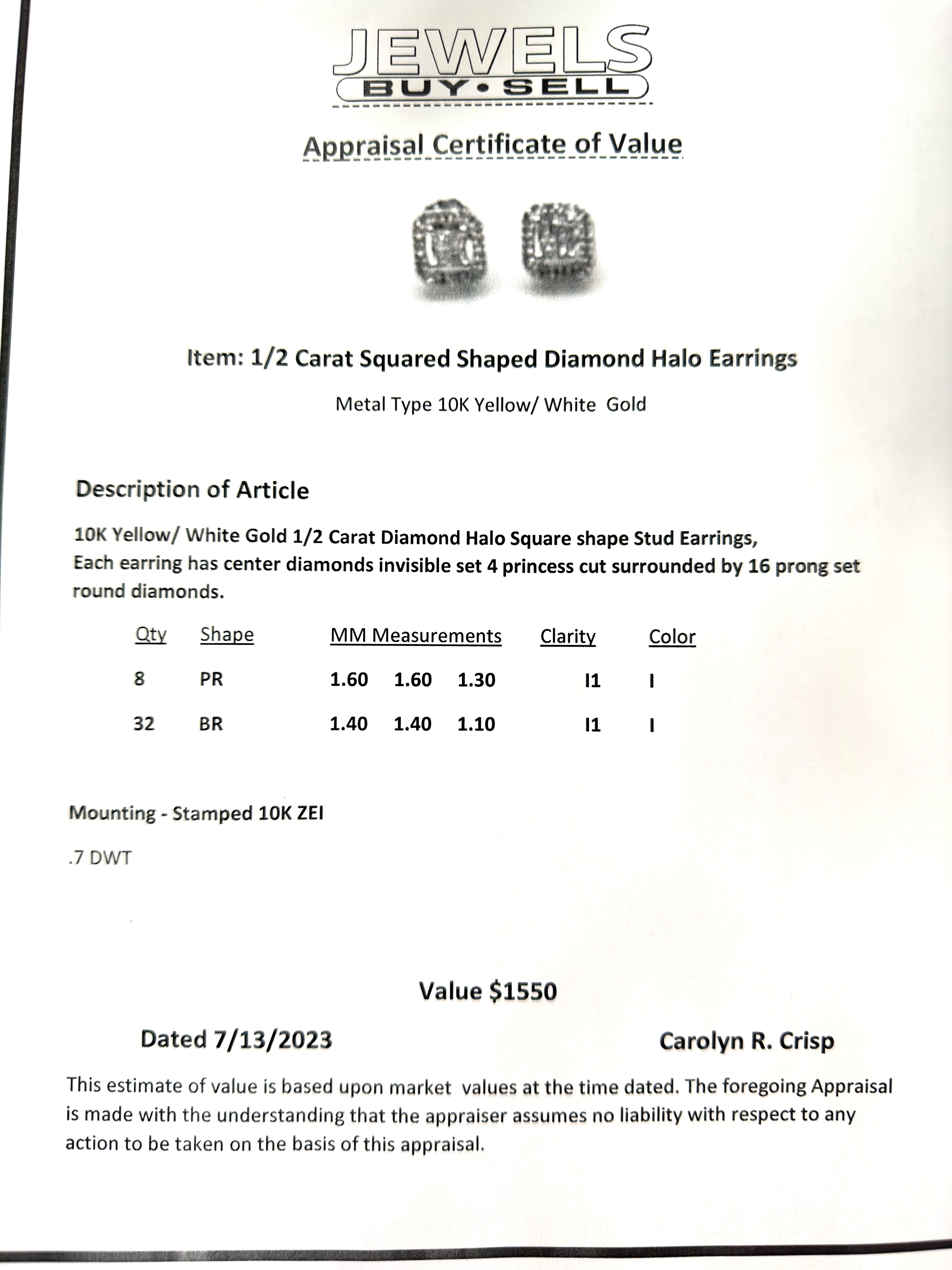 10k Yellow Gold 40 Diamond Squared Halo Errings with Appraisal 1
