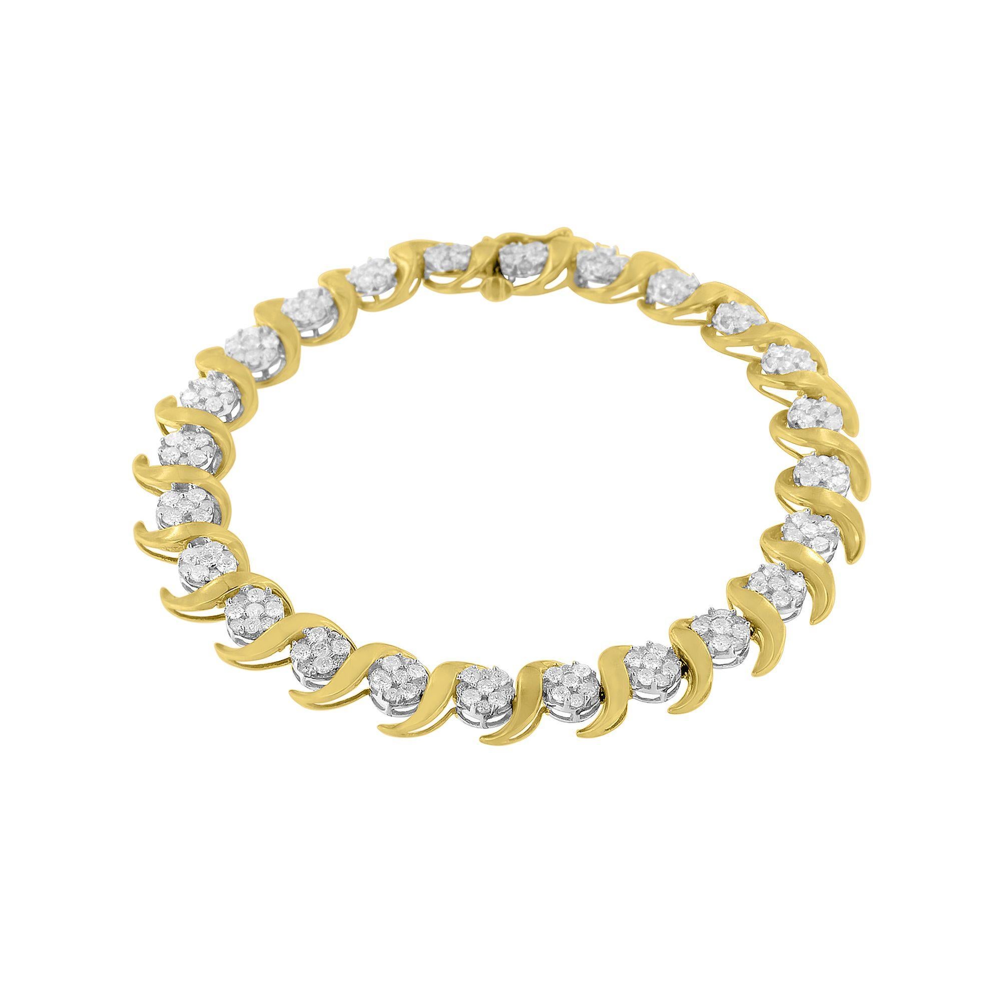 Introducing a dazzling masterpiece that perfectly captures the essence of elegance and femininity - a 10K Yellow Gold Diamond Floral Link Bracelet. Crafted with utmost precision and adorned with 216 exquisite round-cut diamonds, this bracelet is a