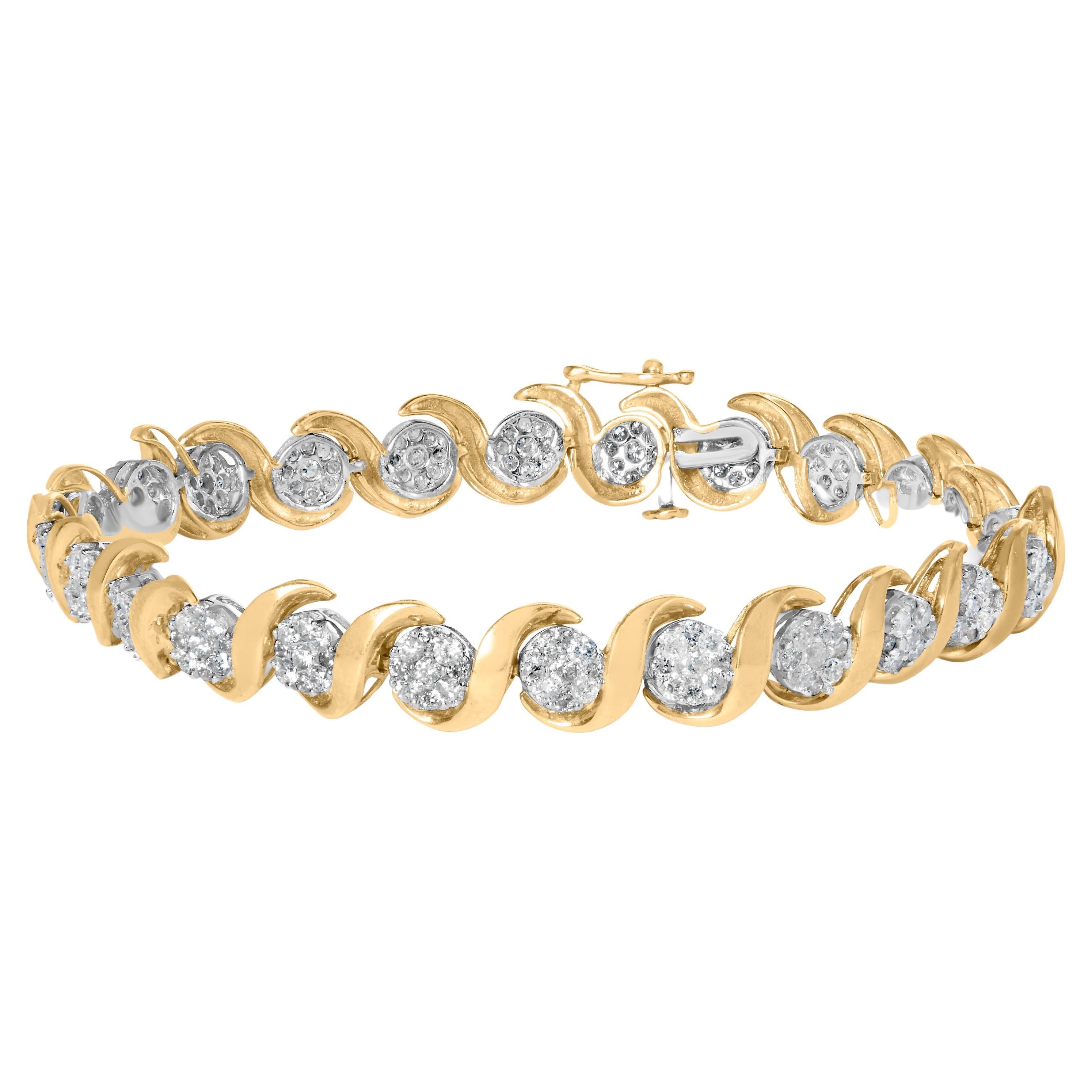 10K Yellow Gold 4.00 Carat Round-Cut Diamond Floral Link Bracelet For Sale