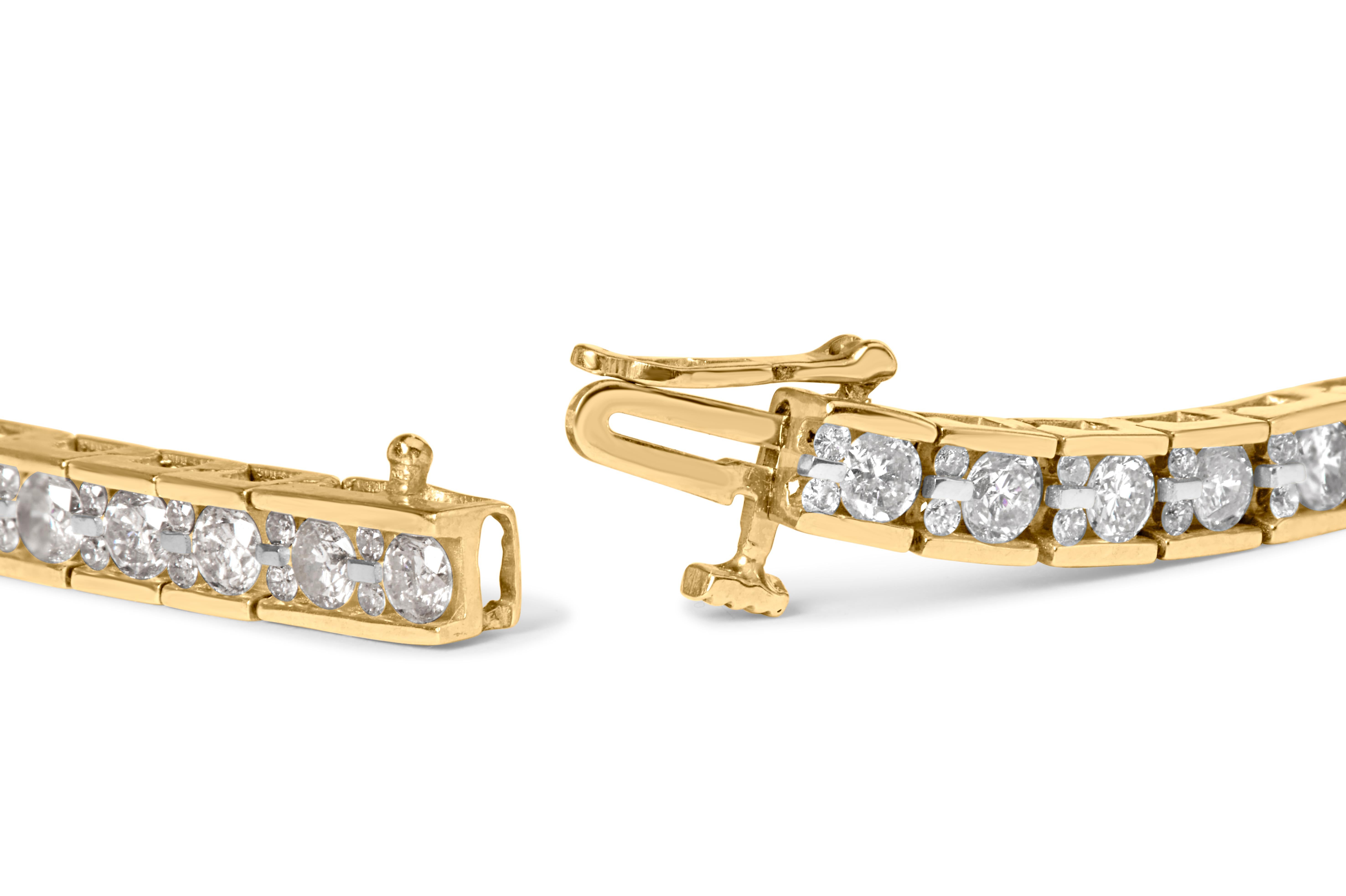 Introducing a dazzling masterpiece that will leave you breathless - a 10K Yellow Gold Tennis Bracelet adorned with a mesmerizing 4.00 Cttw of Round-Cut Diamonds. Crafted with utmost precision, this exquisite piece showcases the brilliance of 129