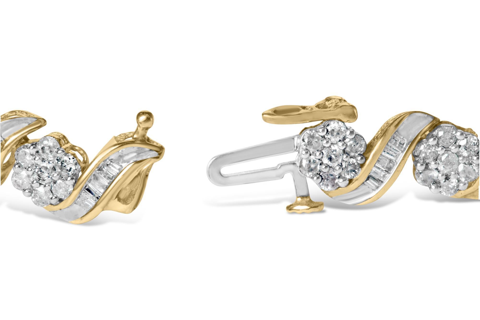 Offrez-vous le summum de l'élégance avec cet exquis bracelet à maillons en spirale en or jaune 10 carats à motif floral de diamants. Réalisé avec une attention méticuleuse aux détails, ce bracelet est orné d'un fascinant motif floral à maillons en