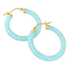 10K Yellow Gold 4mm Green Jade Womens Elegant Gemstone Hoop Earrings 1.25" (Boucles d'oreilles en or jaune 10 carats)