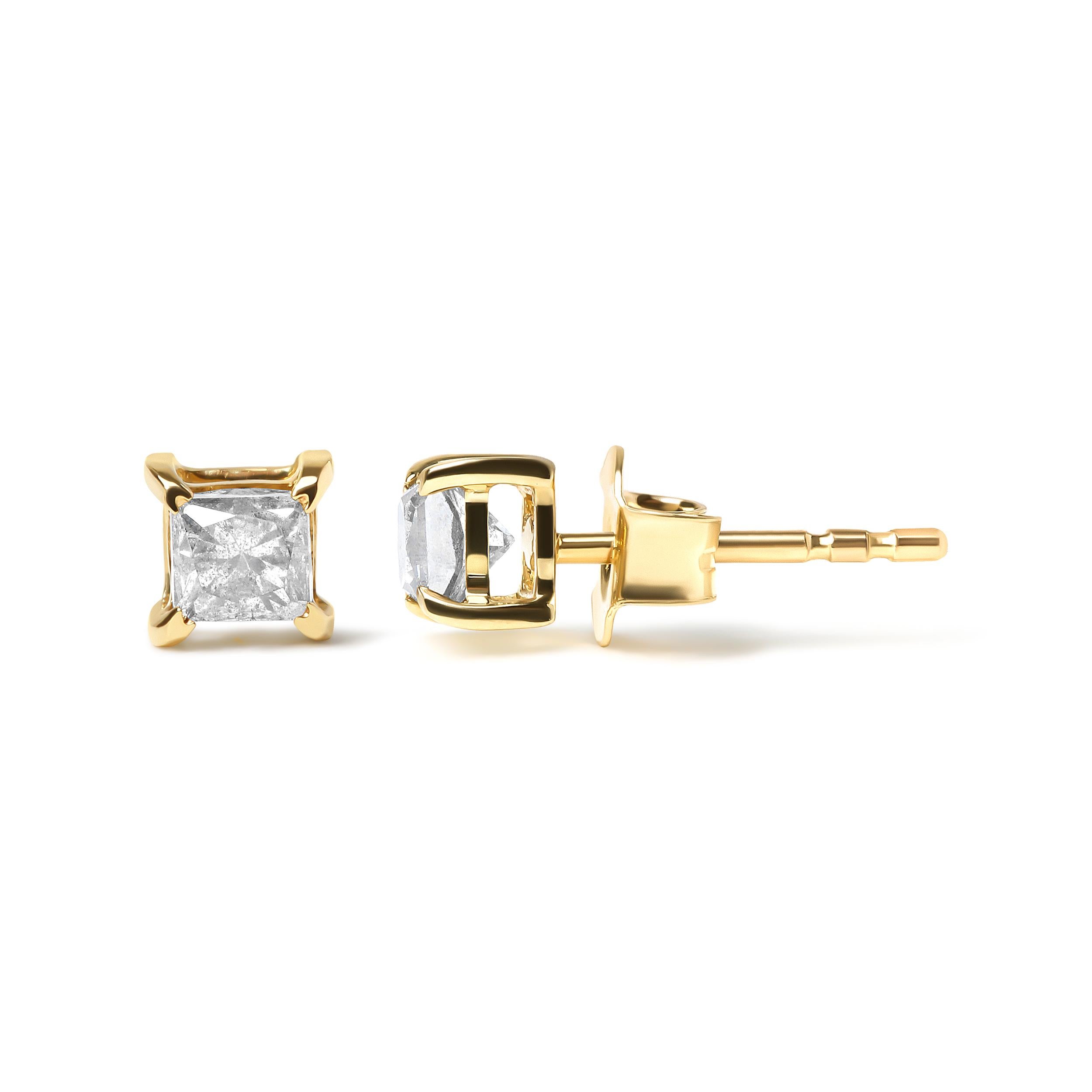 Modern 10K Yellow Gold 5/8 Carat Princess Cut Diamond 4-Prong Solitaire Stud Earrings For Sale