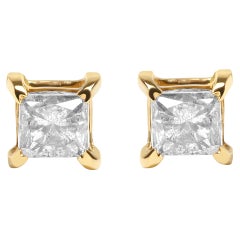 10K Yellow Gold 5/8 Carat Princess Cut Diamond 4-Prong Solitaire Stud Earrings