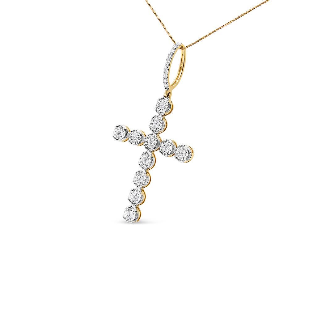 A powerful symbol of faith and belief, this men's cross pendant necklace is studded with glittering round diamonds in prong settings, forming the instantly-recognizable cross silhouette. These diamonds dazzle from warm 10k yellow gold, catching and