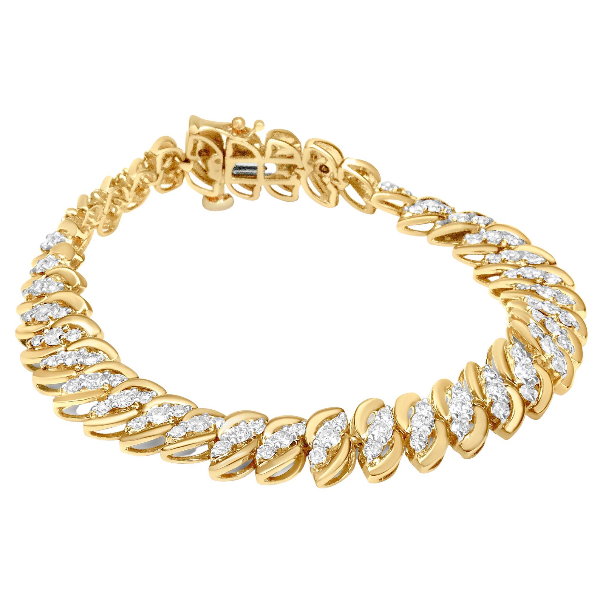 Bracelet cubain à double rangée de maillons en or jaune 10 carats et diamants de 5,0 carats