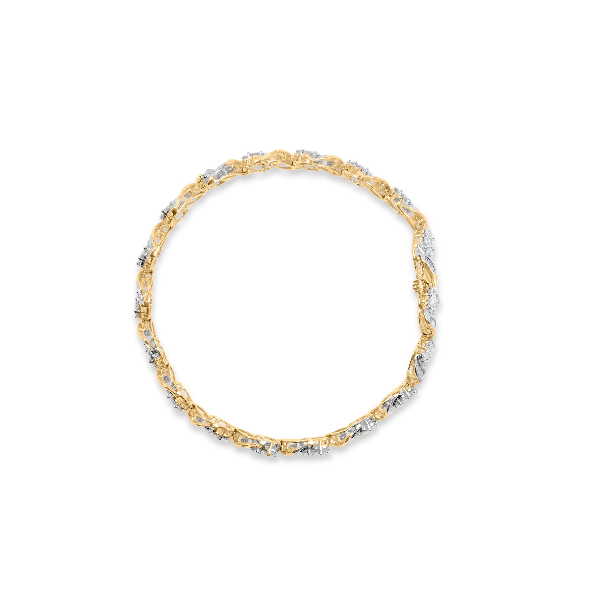 Contemporain Bracelet à maillons floraux en or jaune 10 carats avec diamants taille ronde et baguette de 5,00 carats en vente