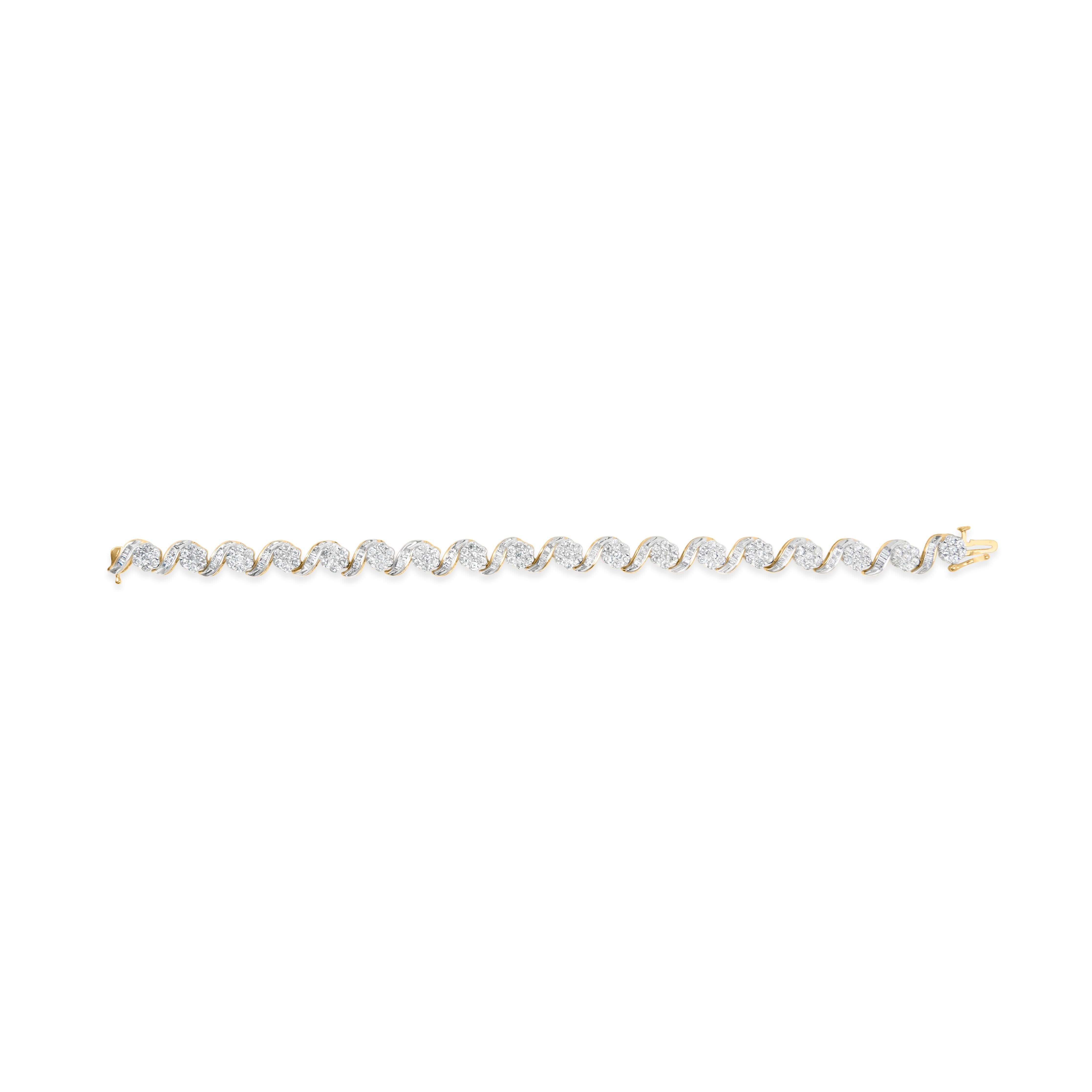 Round Cut 10K Yellow Gold 5.00 Carat Round-Cut & Baguette-Cut Diamond Floral Link Bracelet For Sale