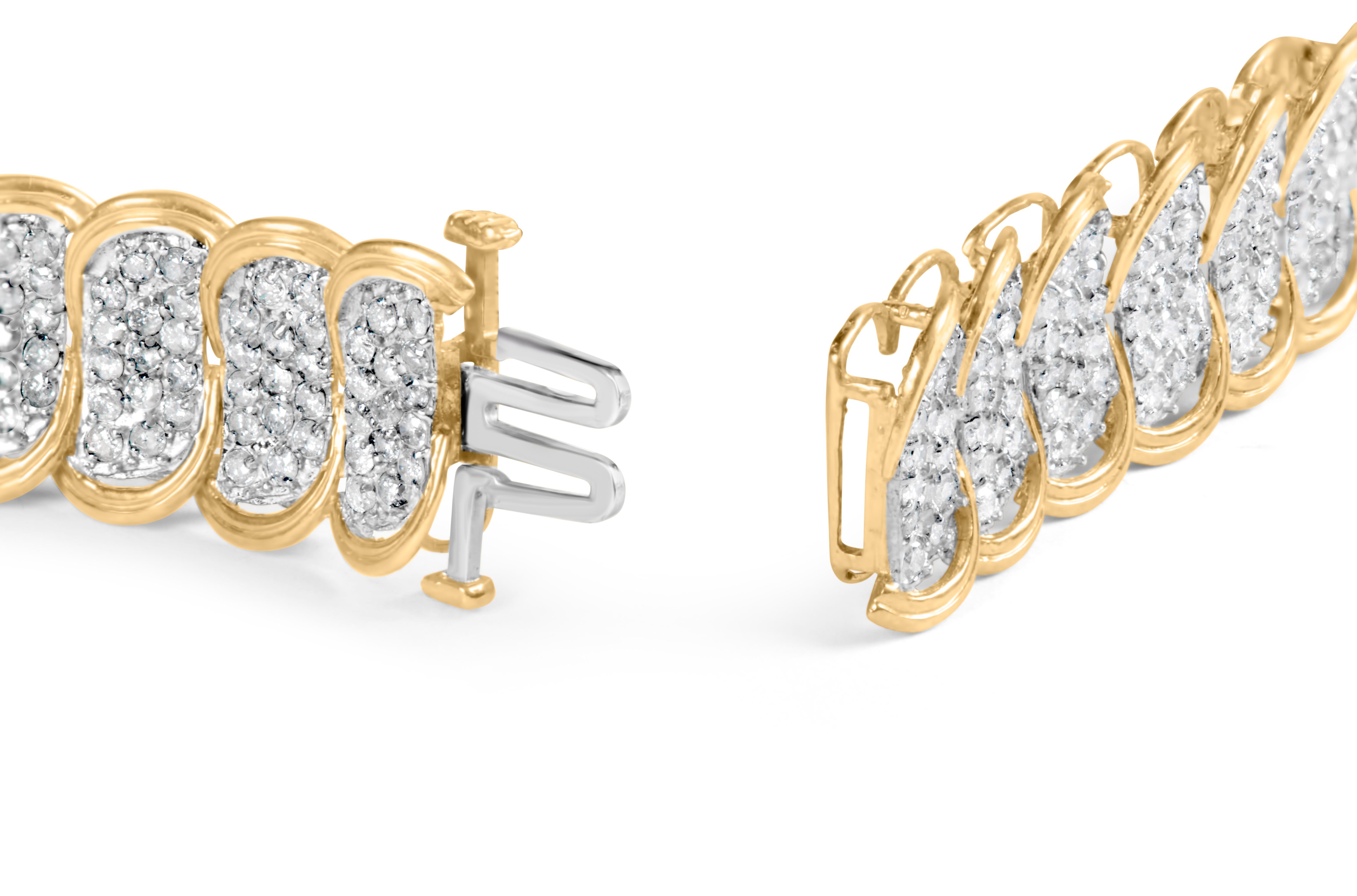 Embark on a journey of elegance with this unparalleled bracelet, where the radiance of 10k yellow gold meets the serene sheen of white rhodium in an opulent dance of contrasts. This piece artfully combines alternating bands of metal to cast a spell
