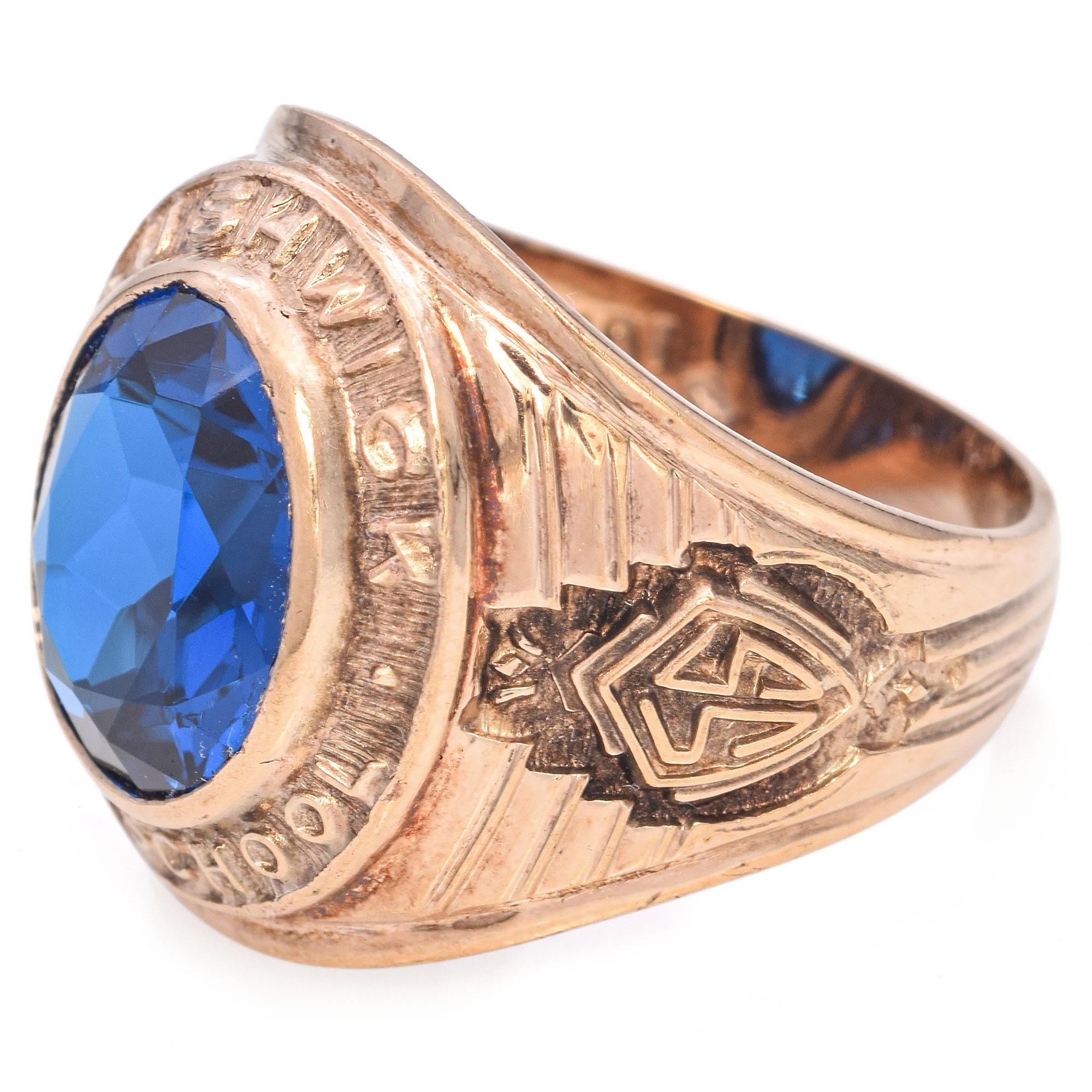 Retro 10K Yellow Gold 5.45 Ct. Lab Spinel Bushwick High School Class of 1955 Ring For Sale