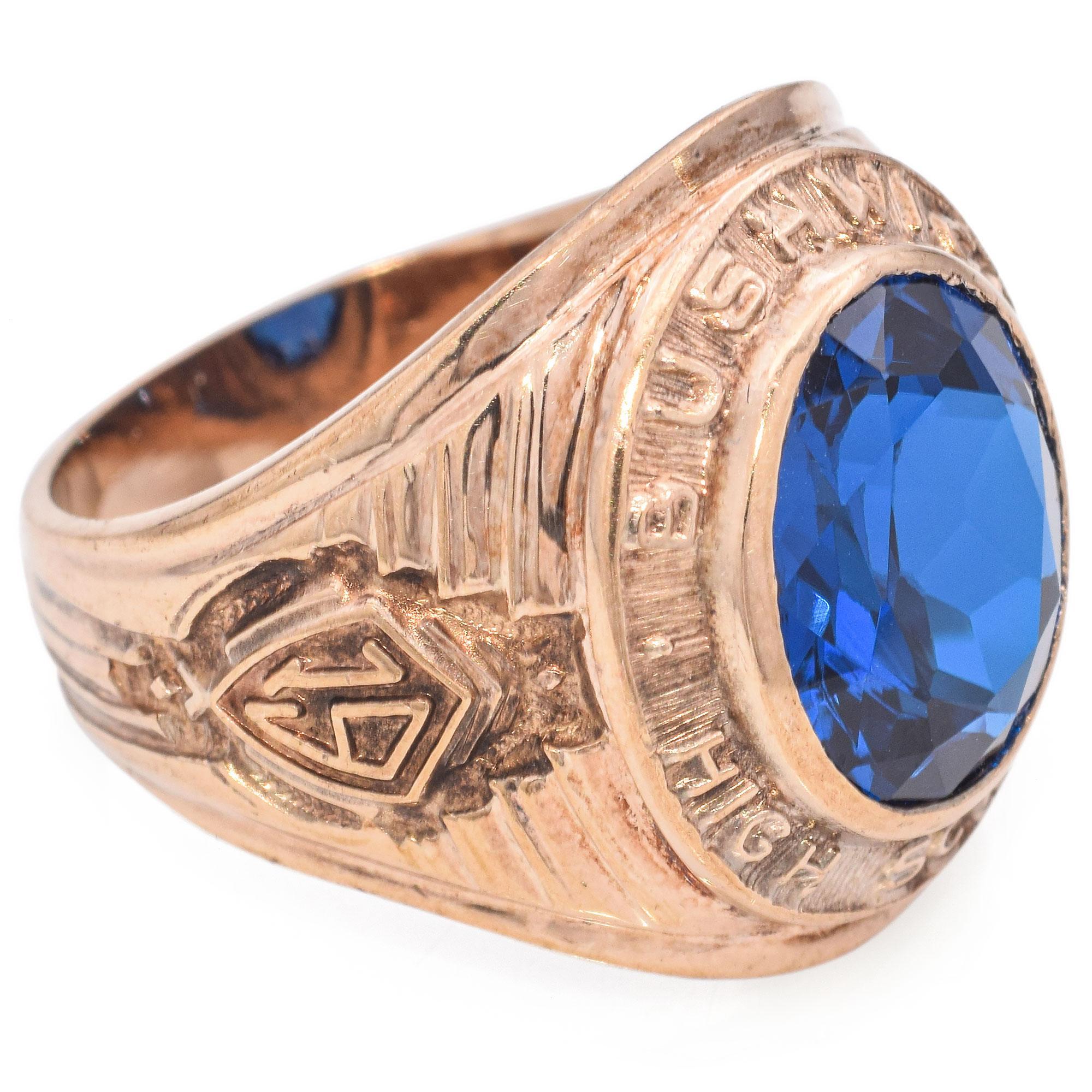 Oval Cut 10K Yellow Gold 5.45 Ct. Lab Spinel Bushwick High School Class of 1955 Ring For Sale