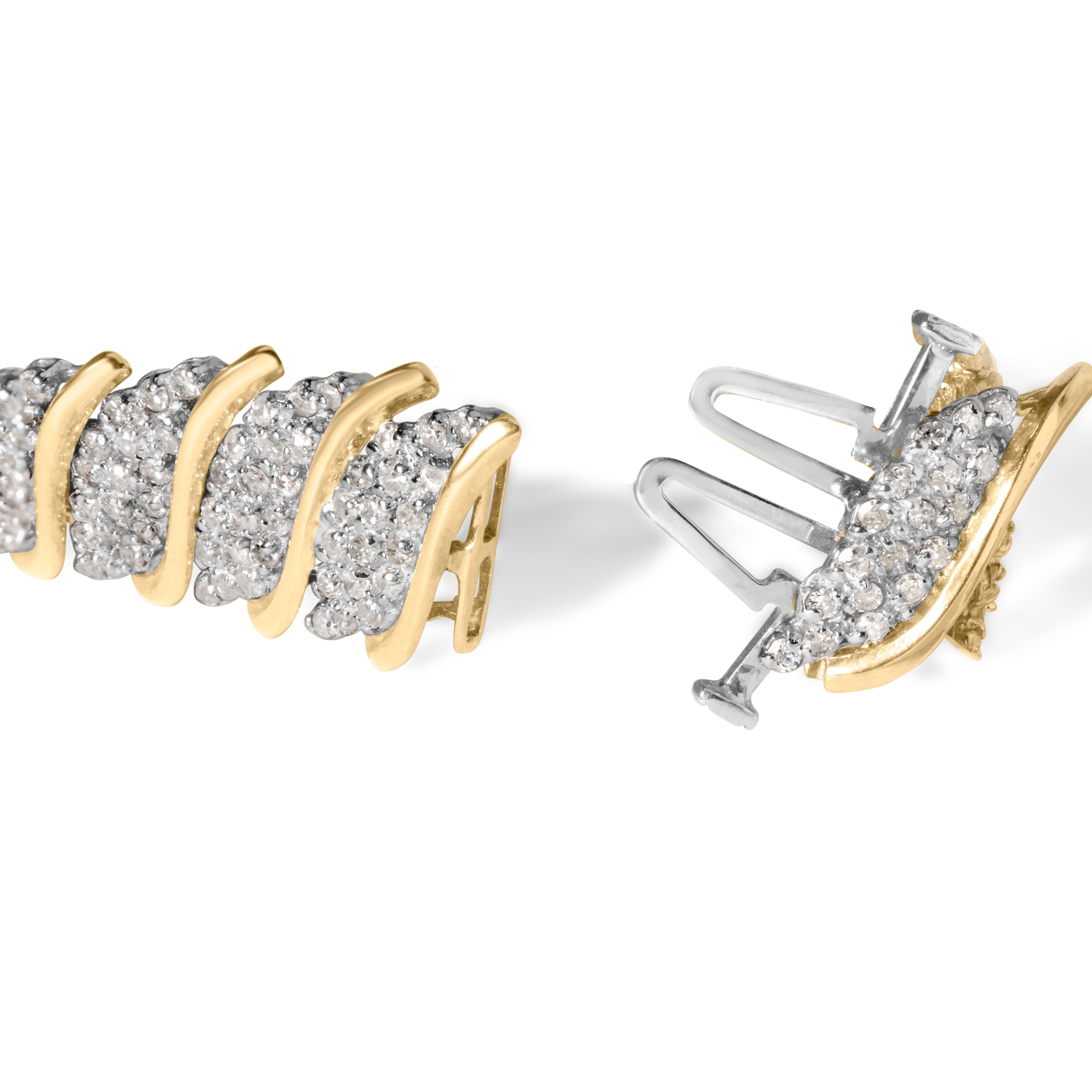 Indulge in the luxurious beauty of this exquisite 10K yellow gold pave diamond S-link bracelet. Adorned with 414 round diamonds, the bracelet's 6.0 cttw total weight radiates a breathtaking brilliance, each diamond boasting a natural origin, H-I
