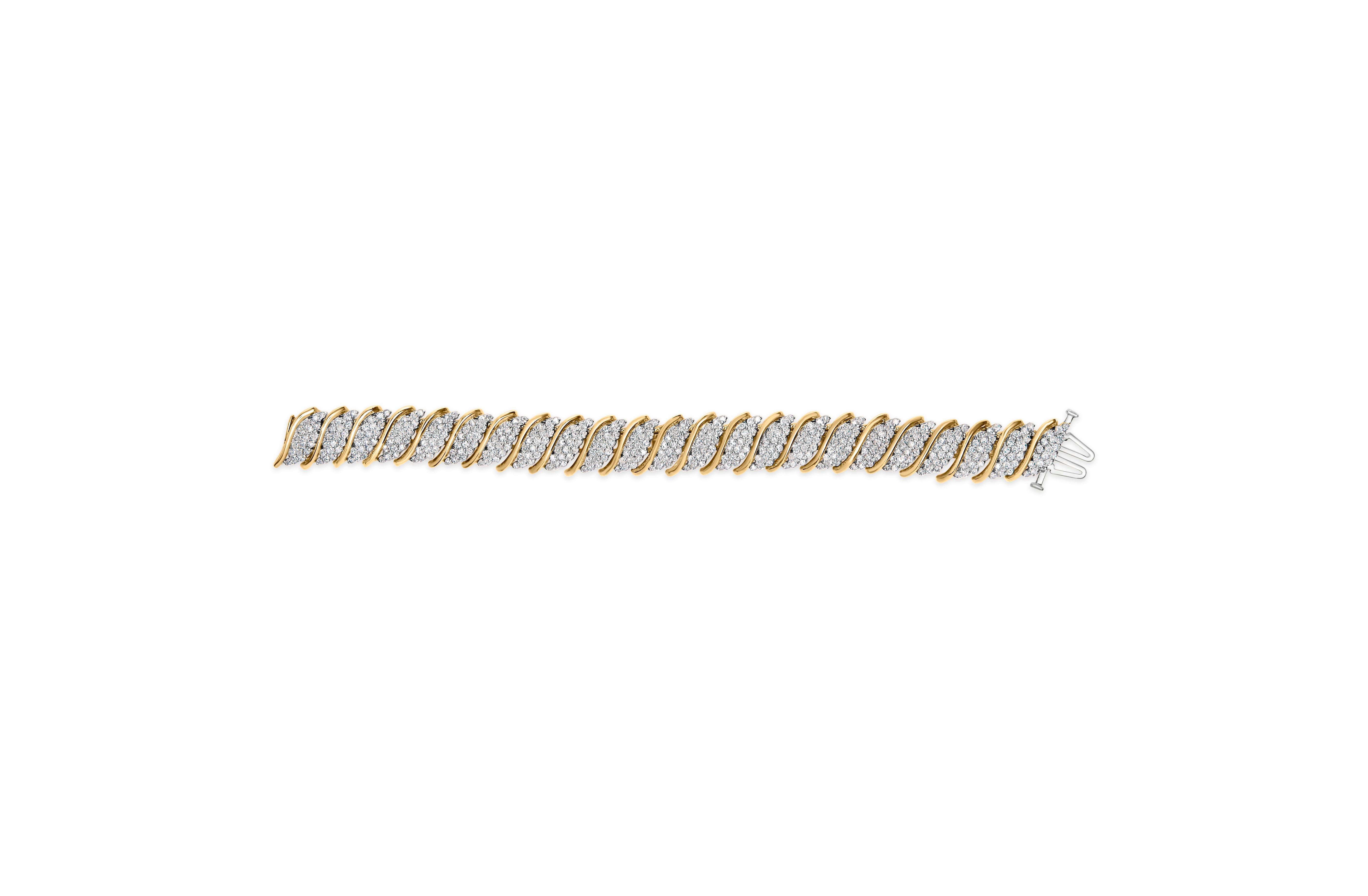 Round Cut 10K Yellow Gold 6.0 Carat Pave Diamond S-Link Wave Link Bracelet
