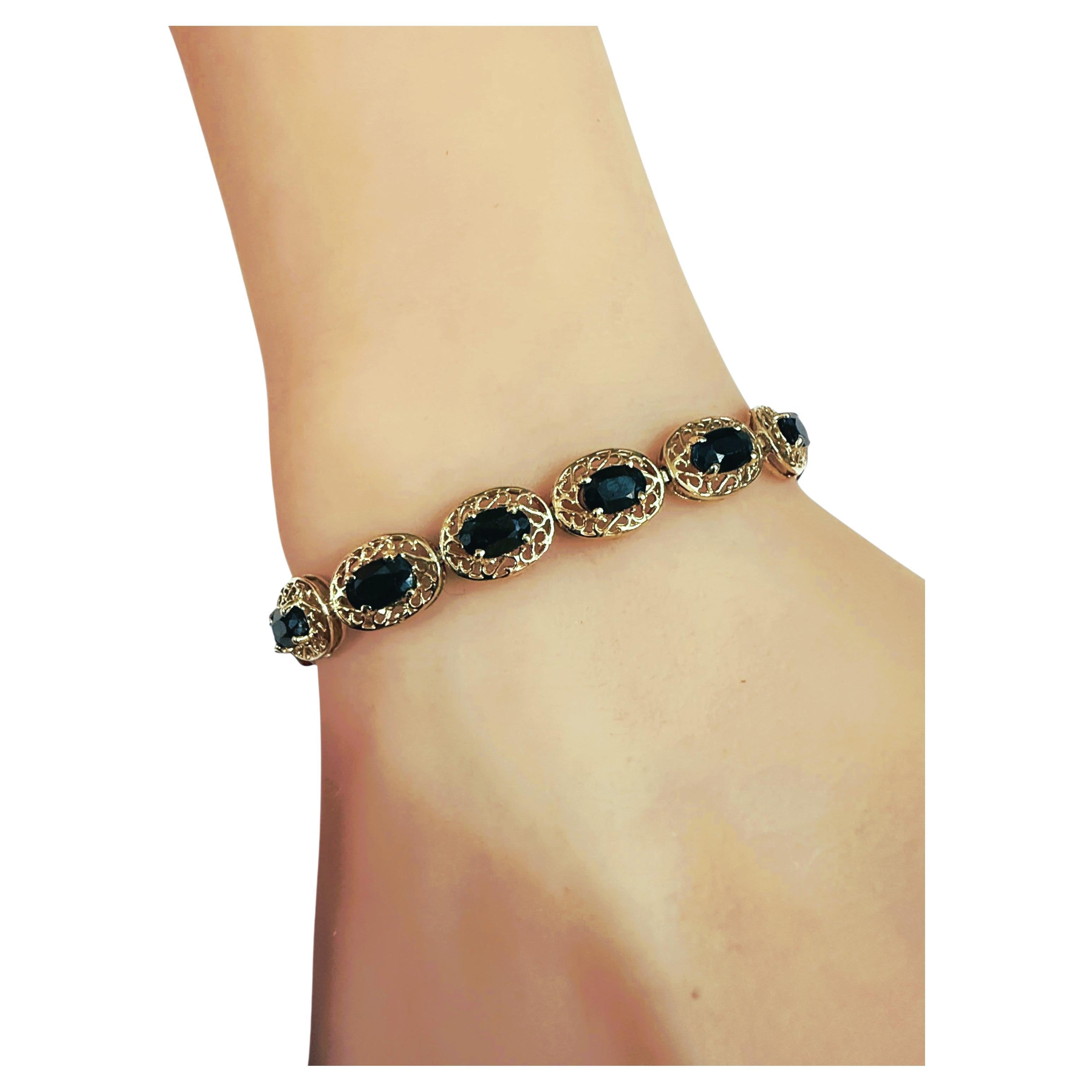 10K Yellow Gold 6.46 Carat Blue Sapphire Filigree Tennis Bracelet 7 Inches