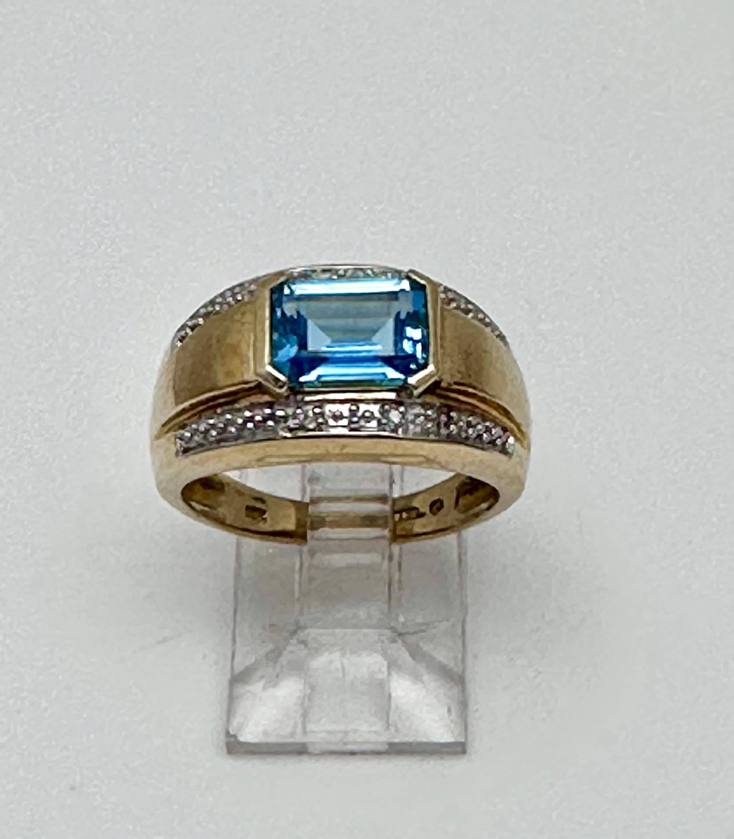 Artisan 10k Yellow Gold 6mm x 8mm Emerald Cut Blue Topaz Diamond Ring Size 7 For Sale