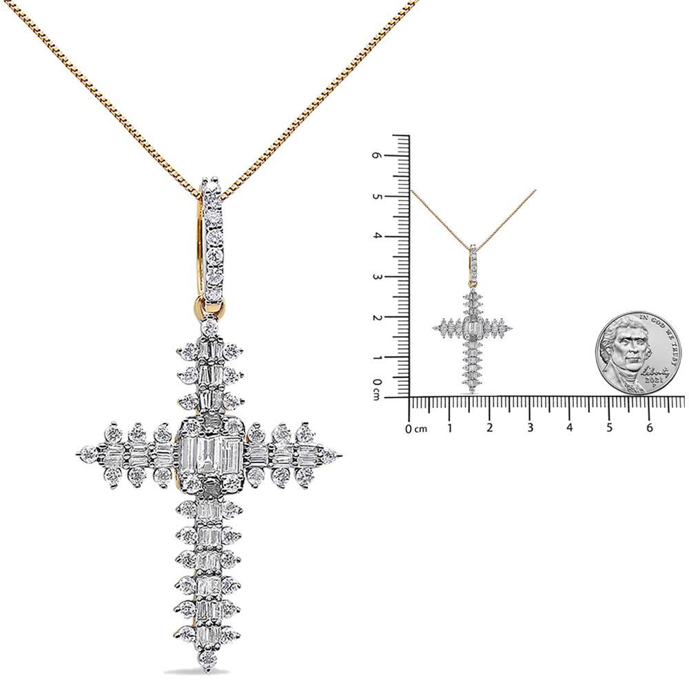 Taille ronde Collier pendentif croix en or jaune 10 carats et diamants ronds de 7/8 carats à motif zigzag en vente
