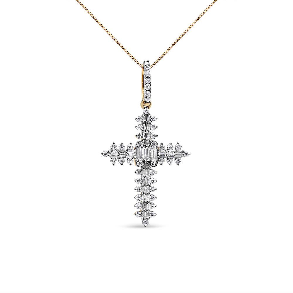 10K Yellow Gold 7/8 Carat Round Diamond Zigzag Pattern Cross Pendant Necklace