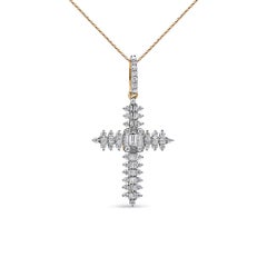 10K Yellow Gold 7/8 Carat Round Diamond Zigzag Pattern Cross Pendant Necklace