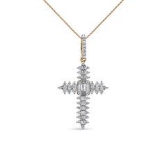 10K Yellow Gold 7/8 Carat Round Diamond Zigzag Pattern Cross Pendant Necklace