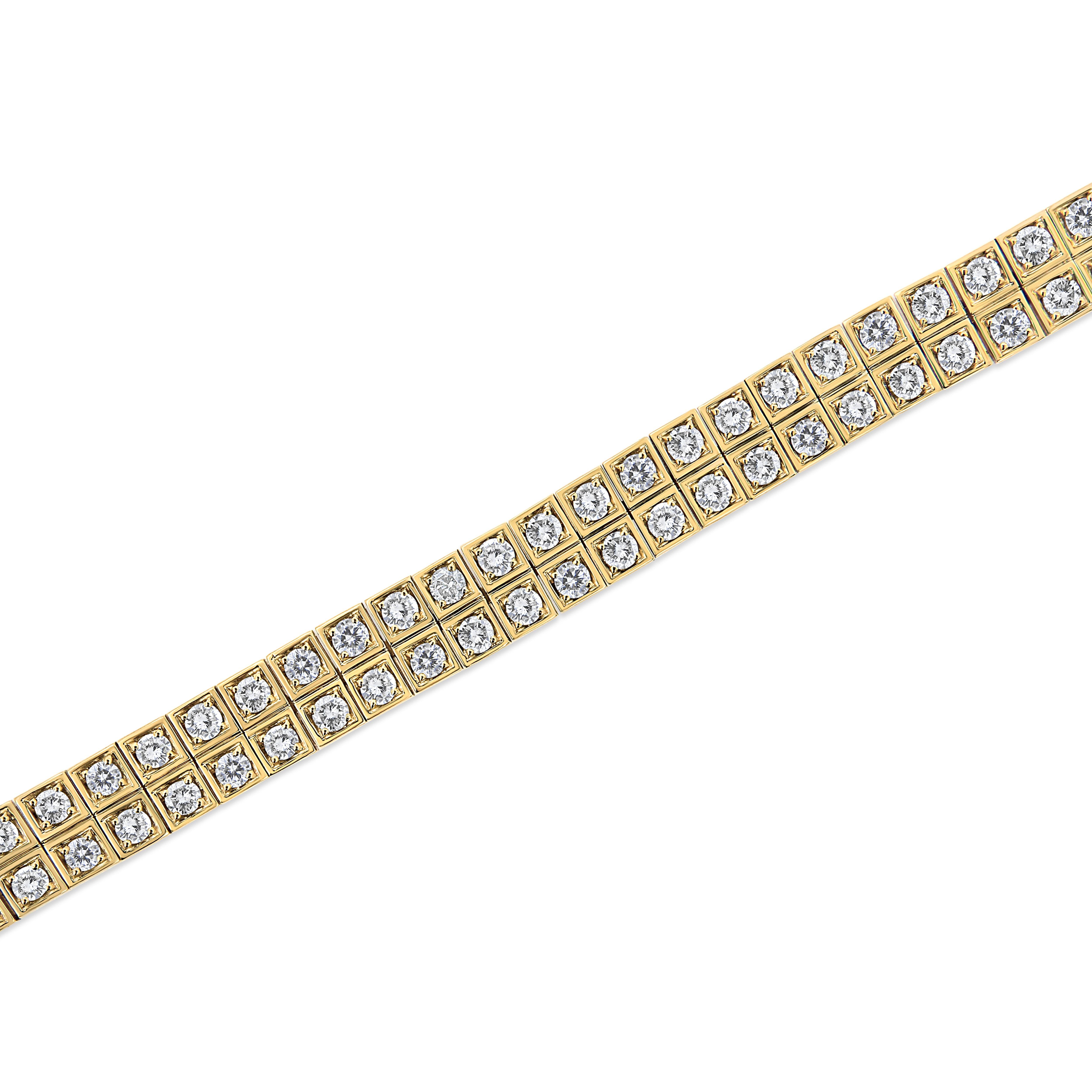 Round Cut 10K Yellow Gold 8.00 Carat Round-Cut Diamond Two Row Square Link Tennis Bracelet For Sale